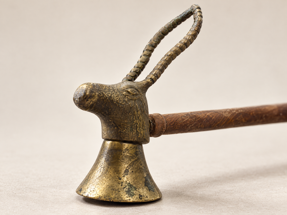 Vintage Brass Antelope Head Candle Snuffer with Wood Handle