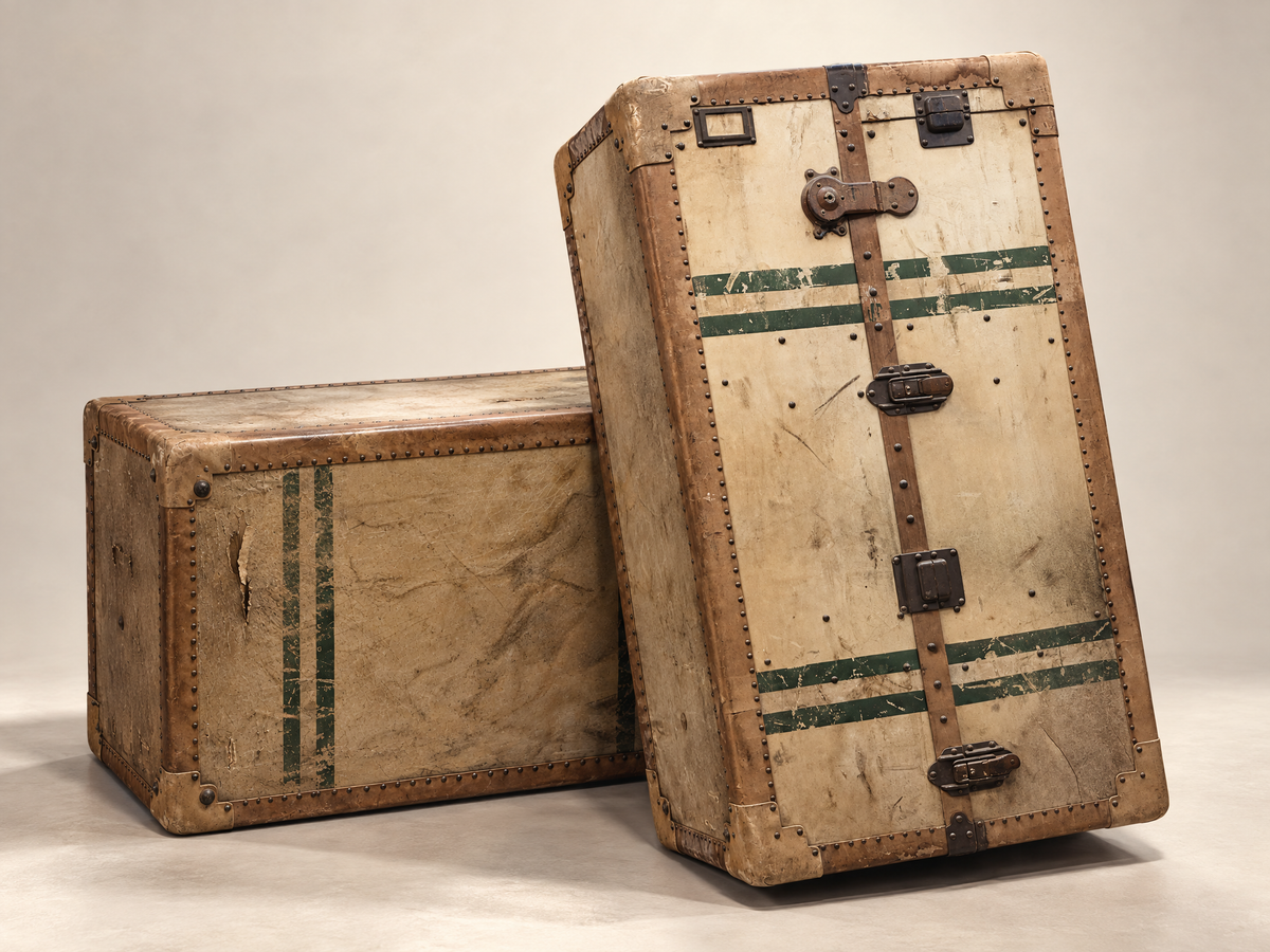 Pair of Vintage Matching Wardrobe Steamer Trunks with Full Hanging & Drawer Interiors