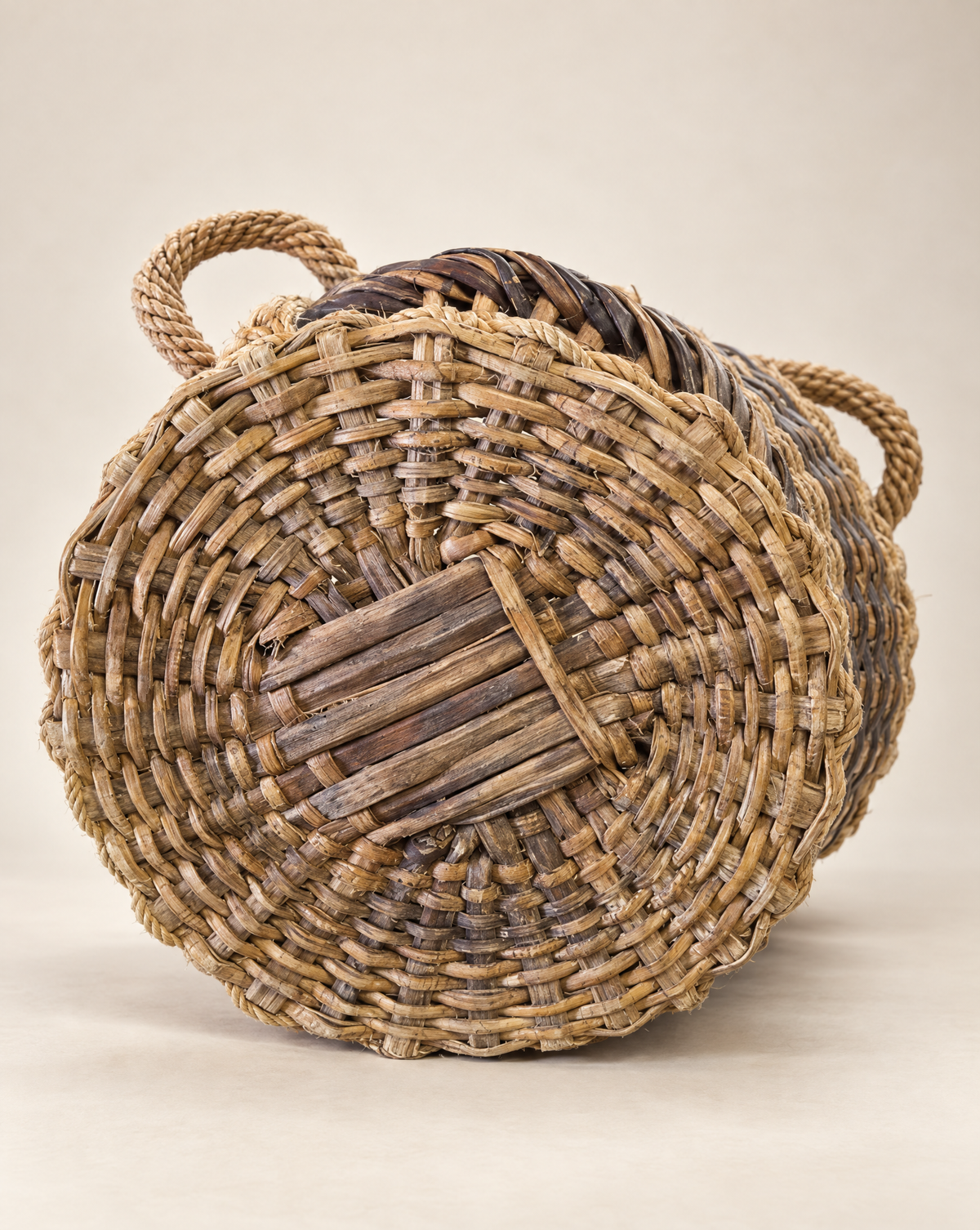 Vintage Mixed-Weave Gathering Basket with Rope Handles