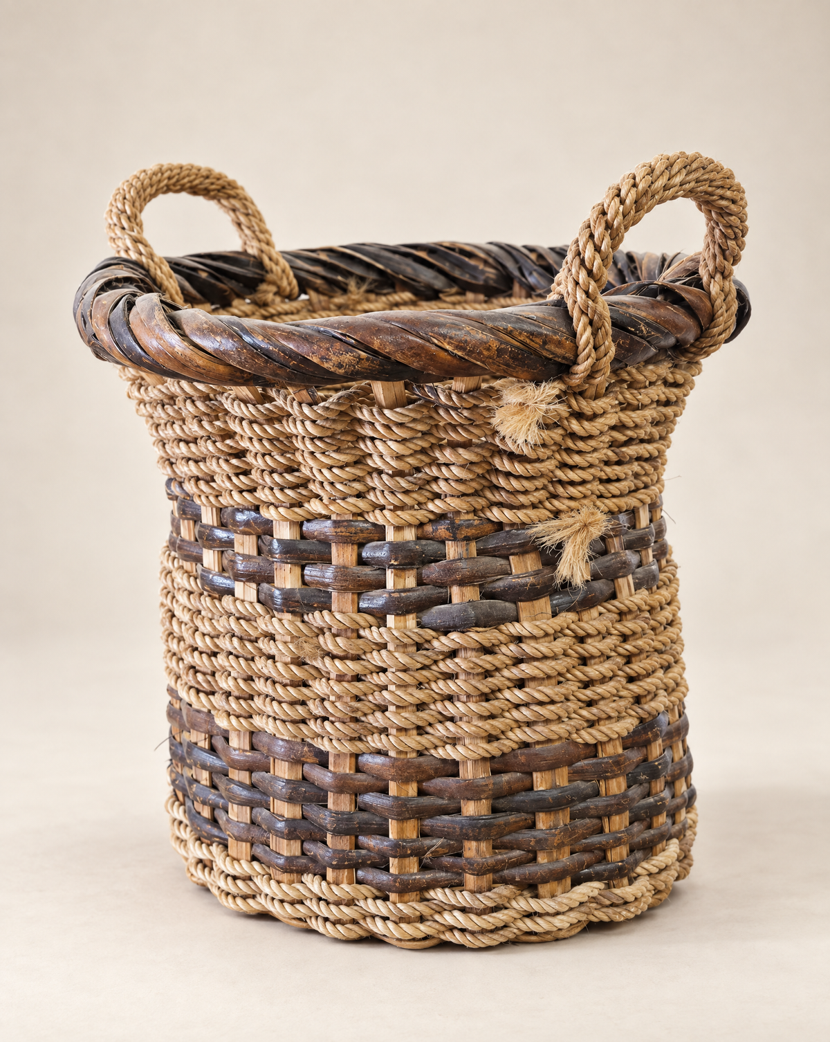 Vintage Mixed-Weave Gathering Basket with Rope Handles