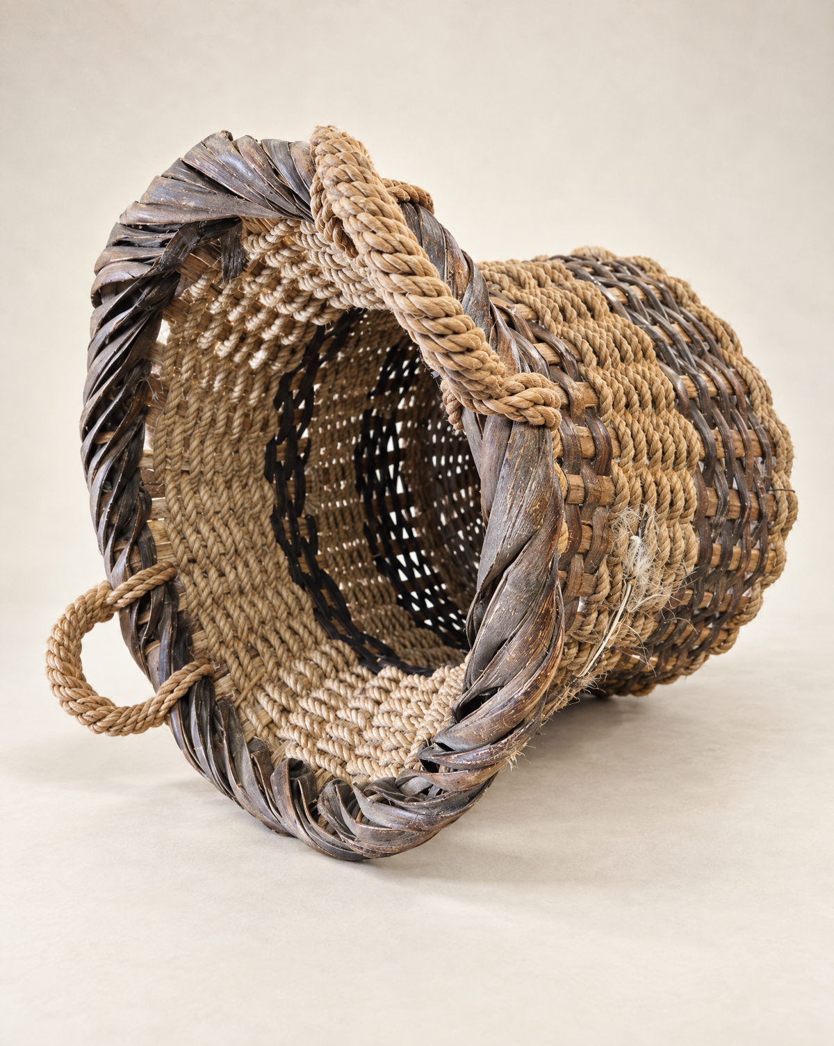 Vintage Mixed-Weave Gathering Basket with Rope Handles