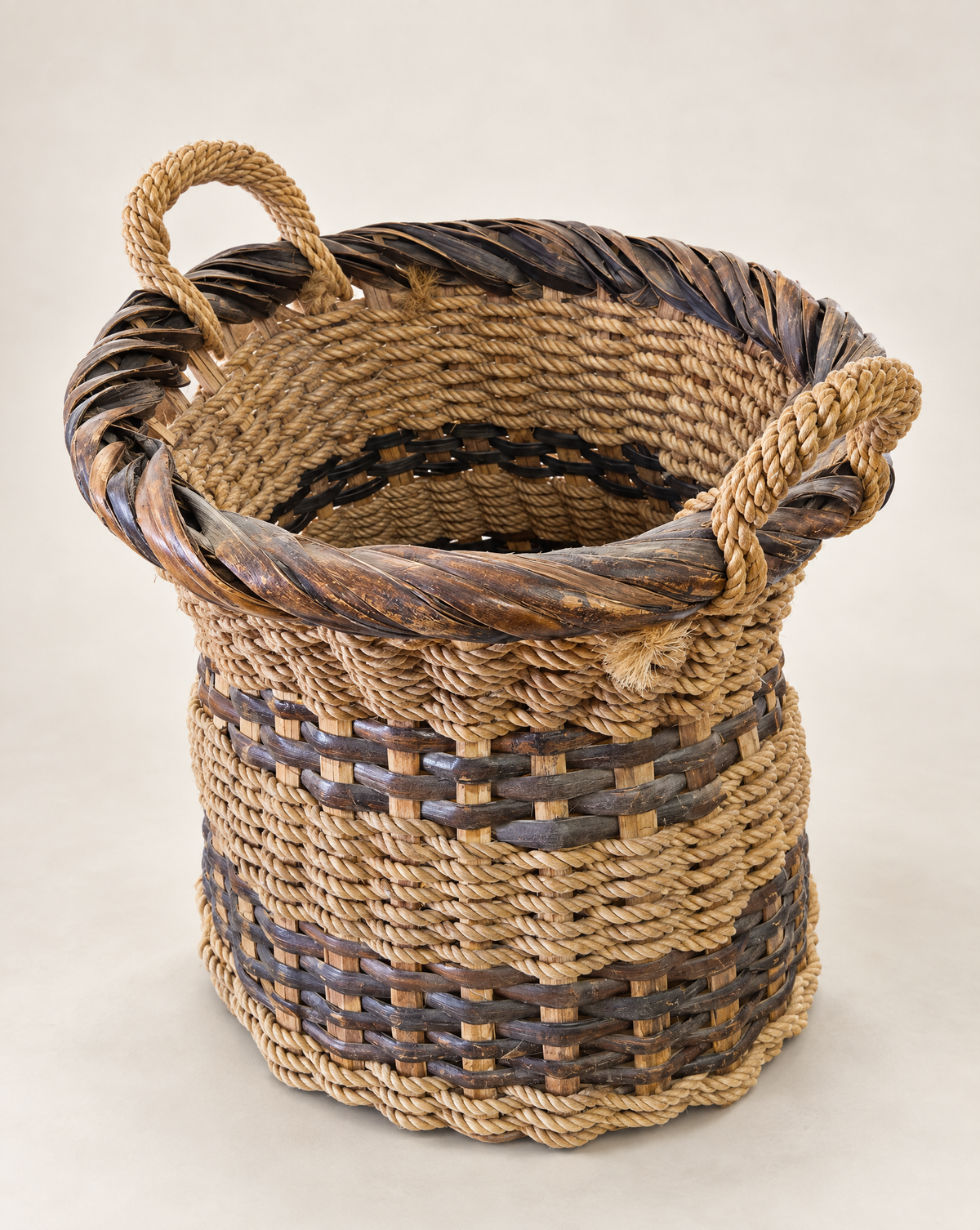 Vintage Mixed-Weave Gathering Basket with Rope Handles