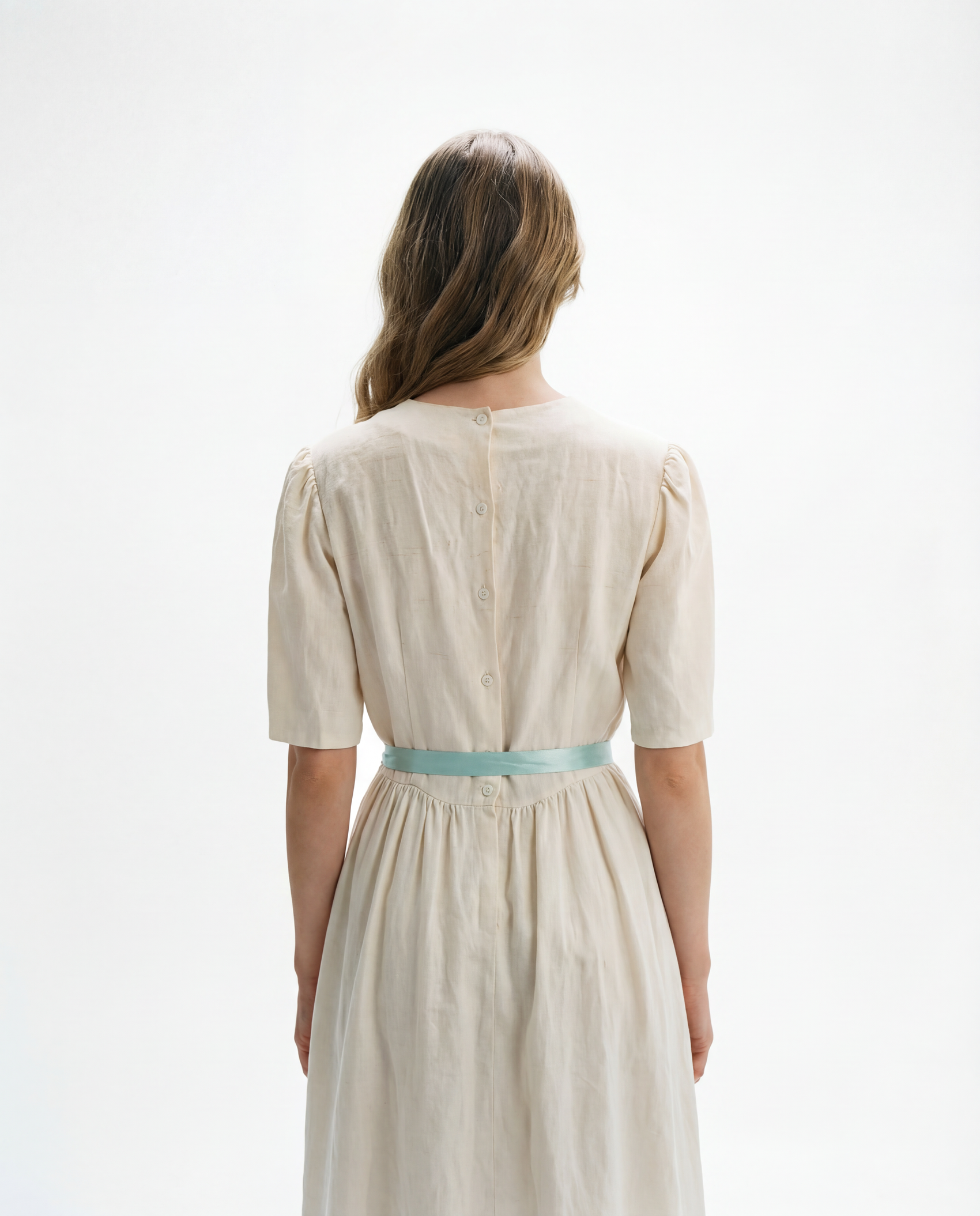 Vintage Cream Cotton Prairie Dress with Lace Yoke & Blue Ribbon Tie