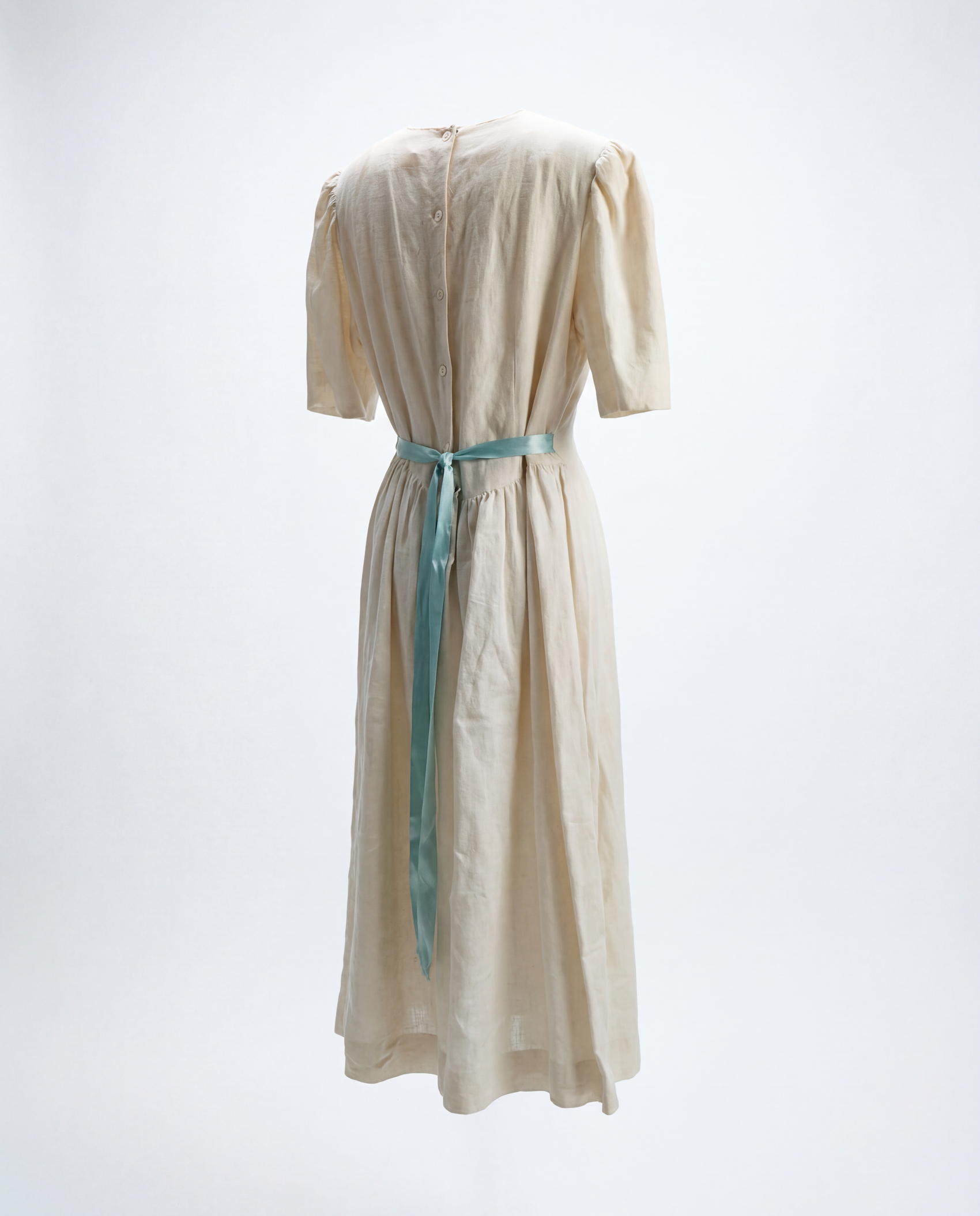 Vintage Cream Cotton Prairie Dress with Lace Yoke & Blue Ribbon Tie