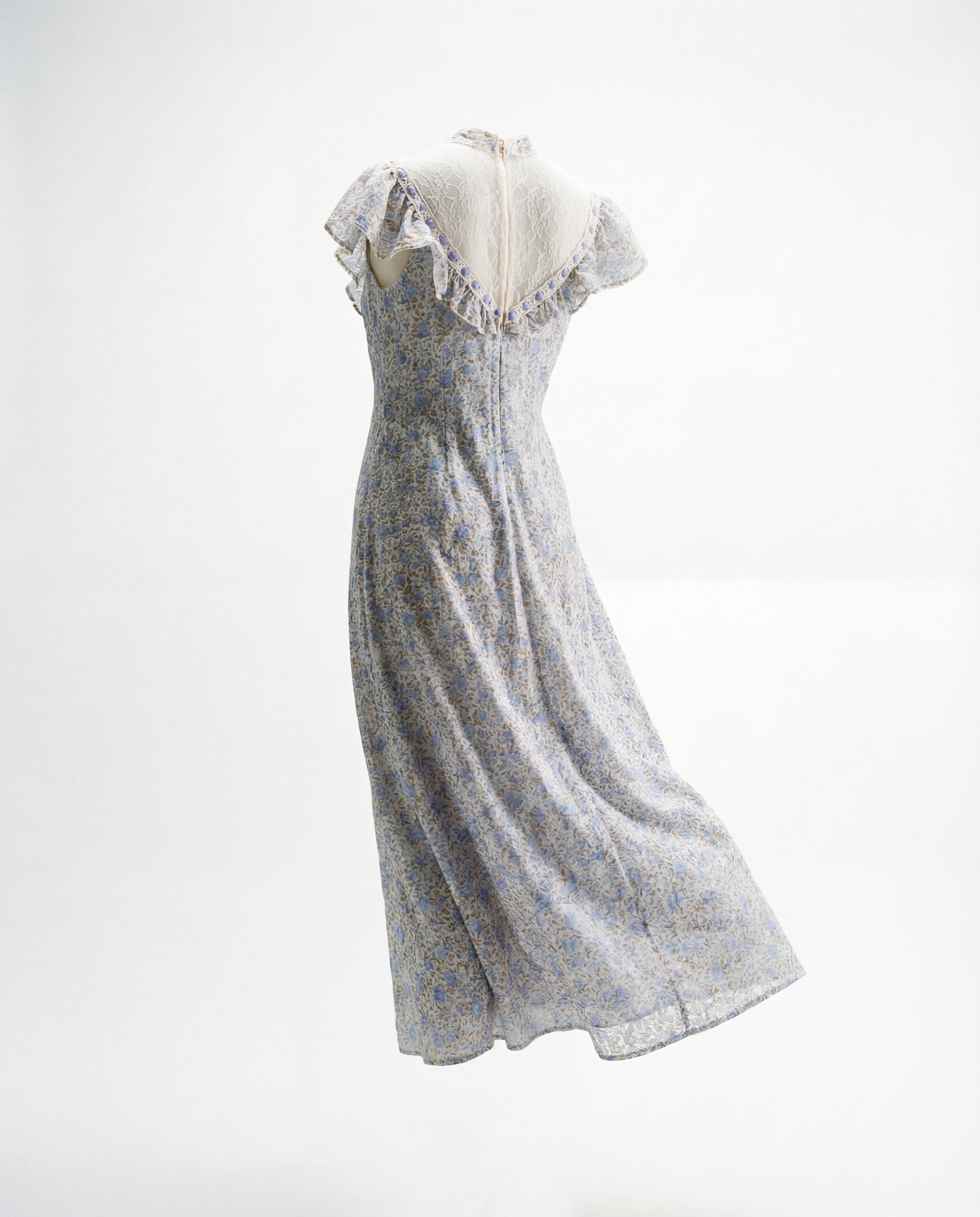 Vintage Blue Floral Maxi Dress with Lace Yoke & Ruffle Trim