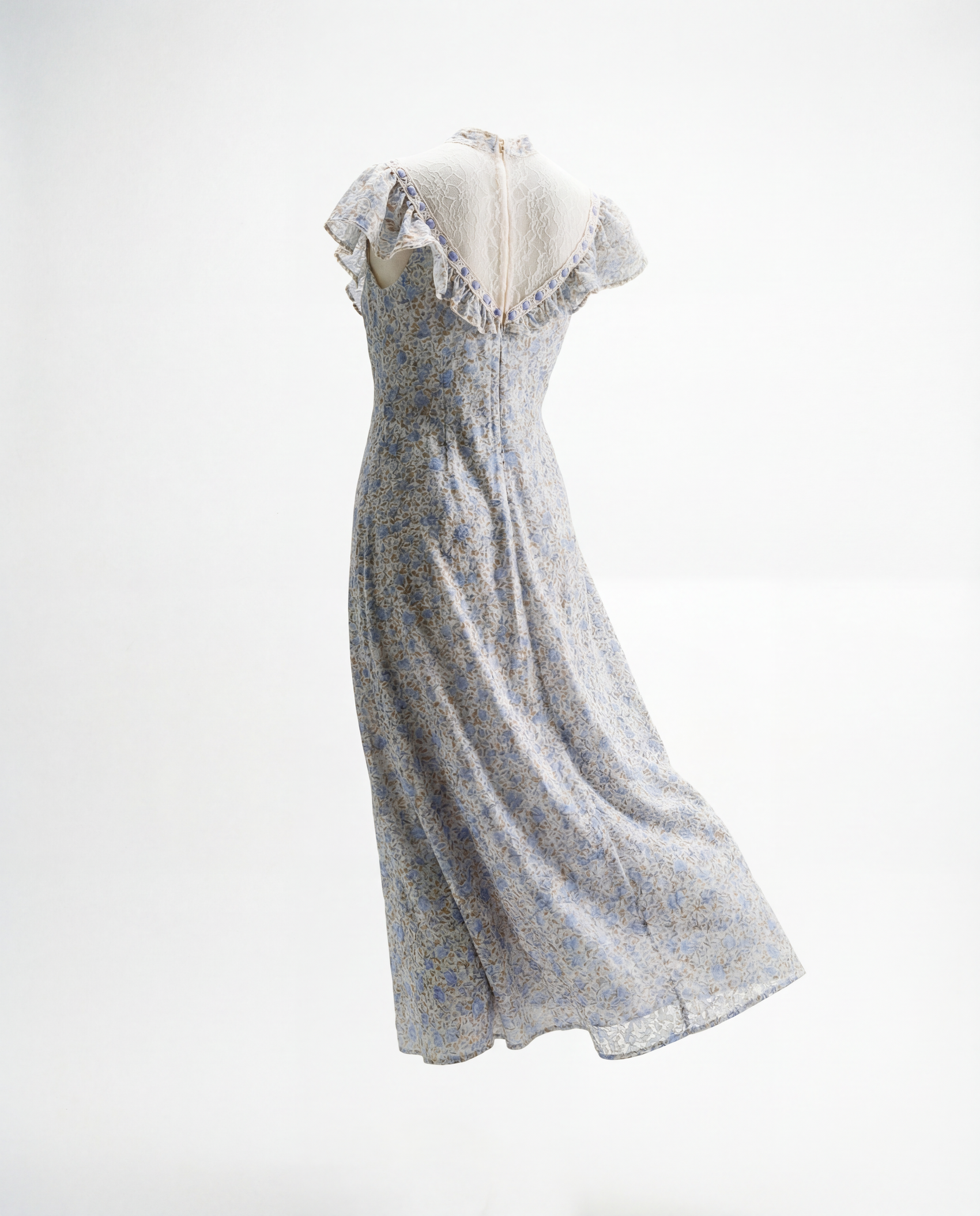 Vintage Blue Floral Maxi Dress with Lace Yoke & Ruffle Trim