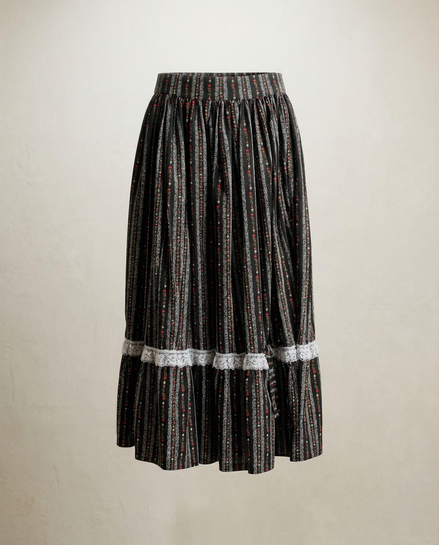 Handmade Black Floral Prairie Skirt with Lace Trim - Small