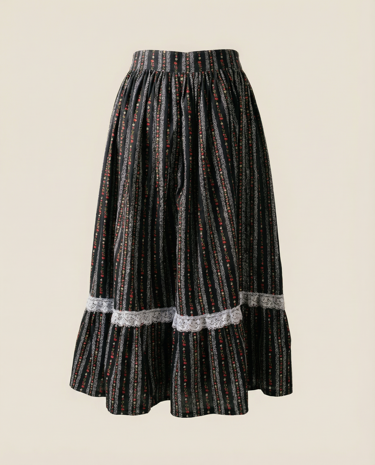 Handmade Black Floral Prairie Skirt with Lace Trim - Small
