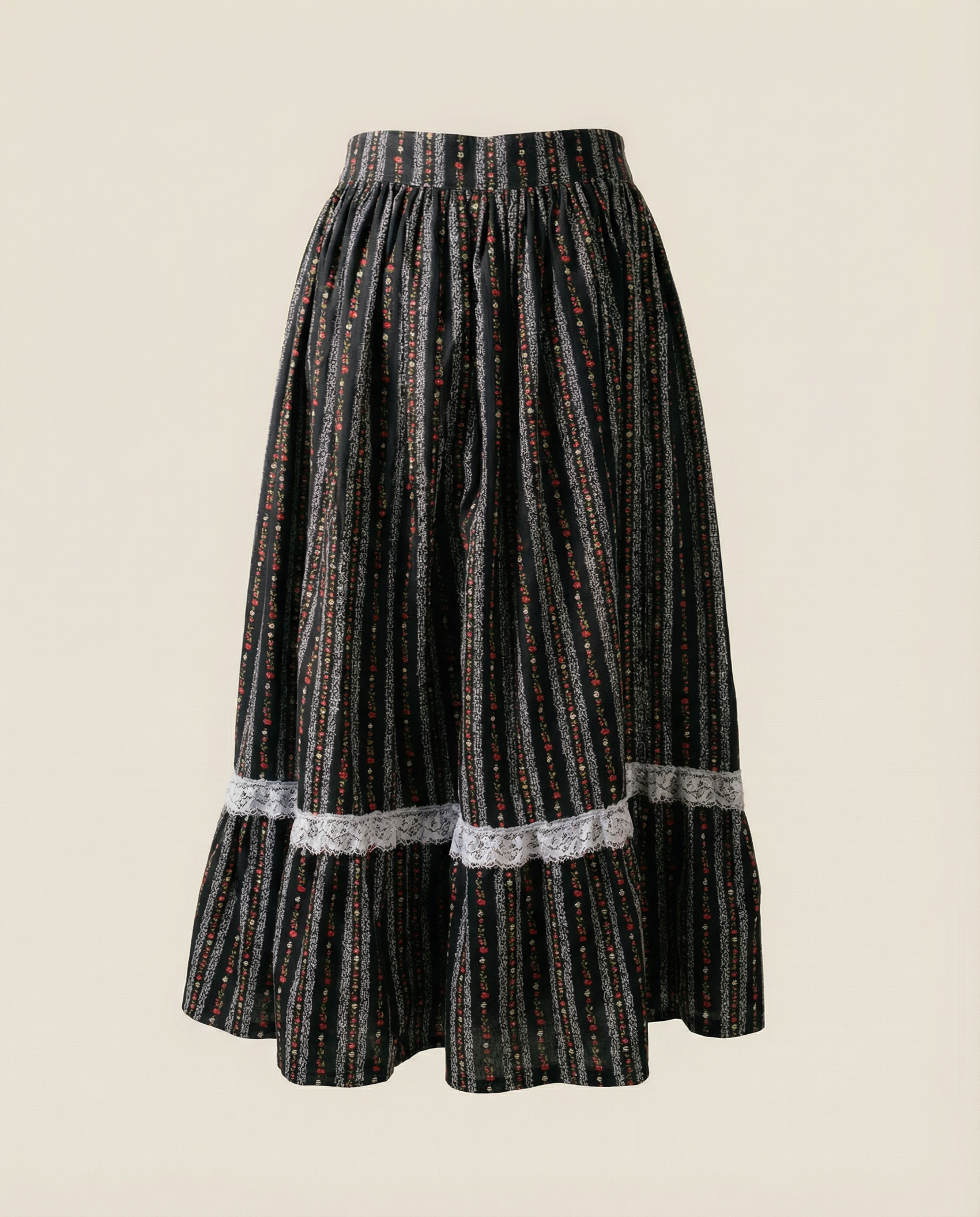 Handmade Black Floral Prairie Skirt with Lace Trim - Small