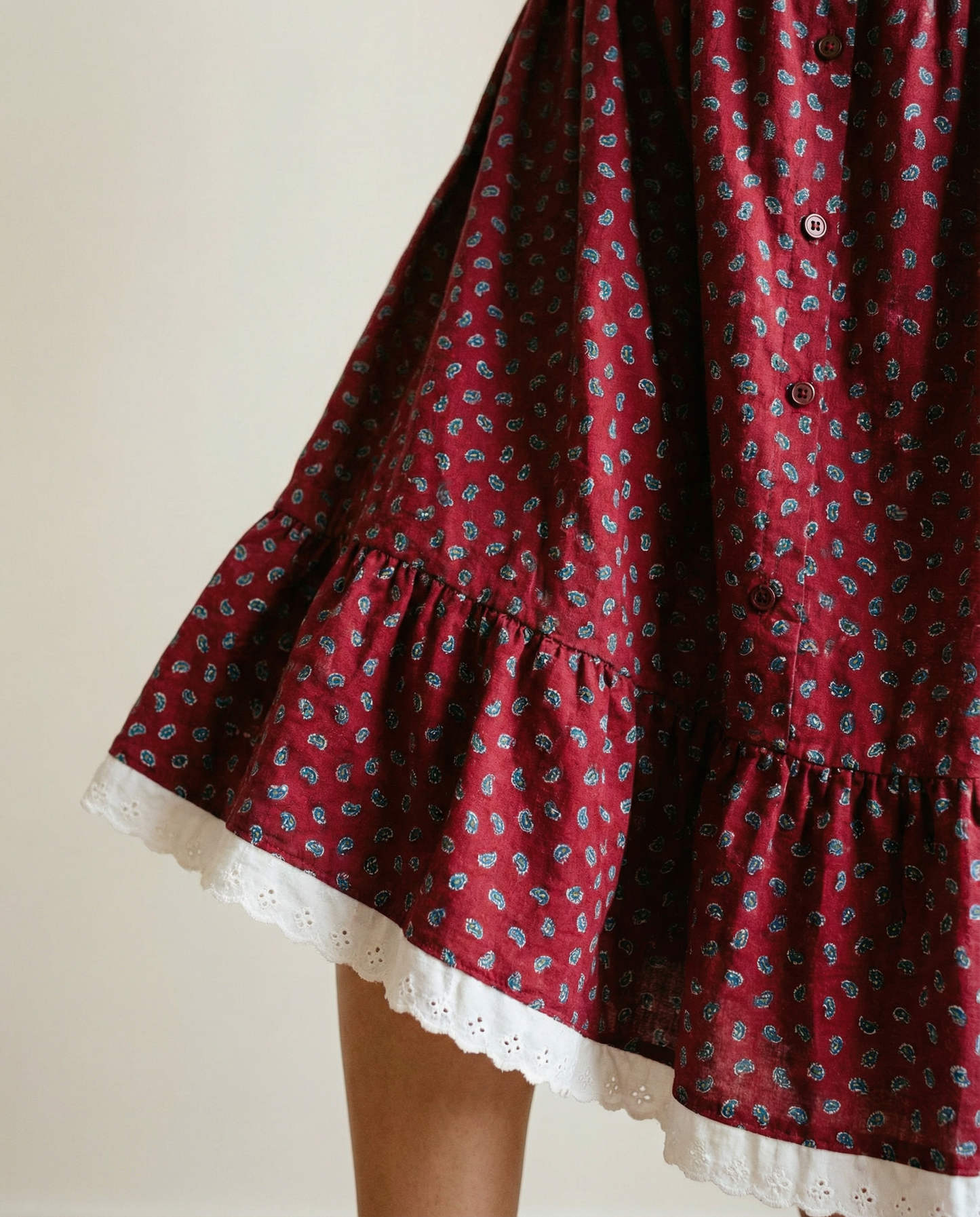 Red Paisley Prairie Skirt with Lace Hem – XS