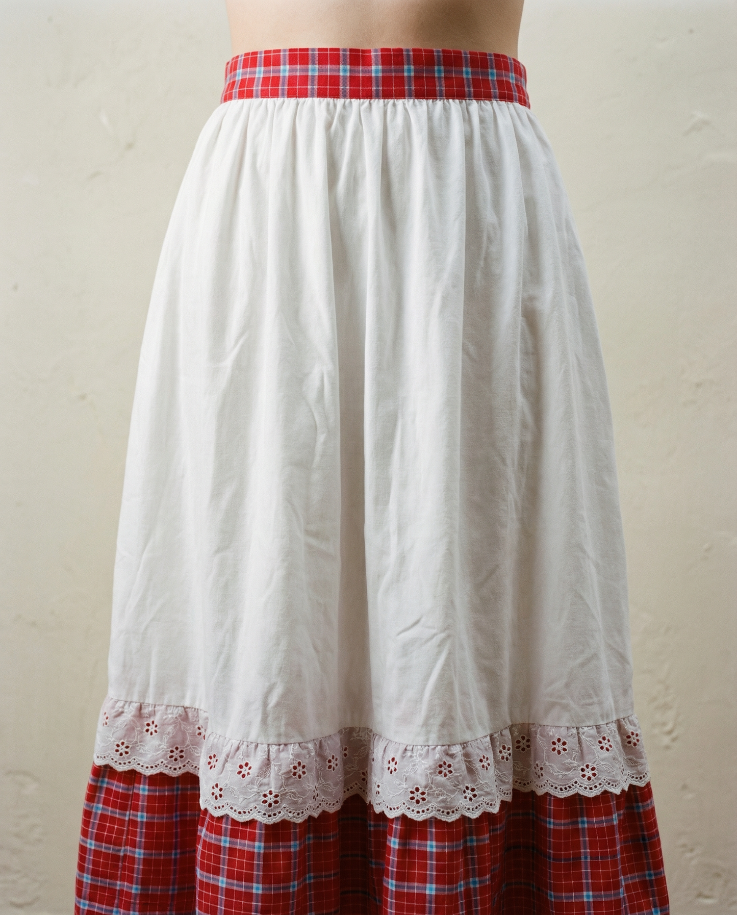 Red Plaid & Lace Prairie Midi Skirt – Small/Medium