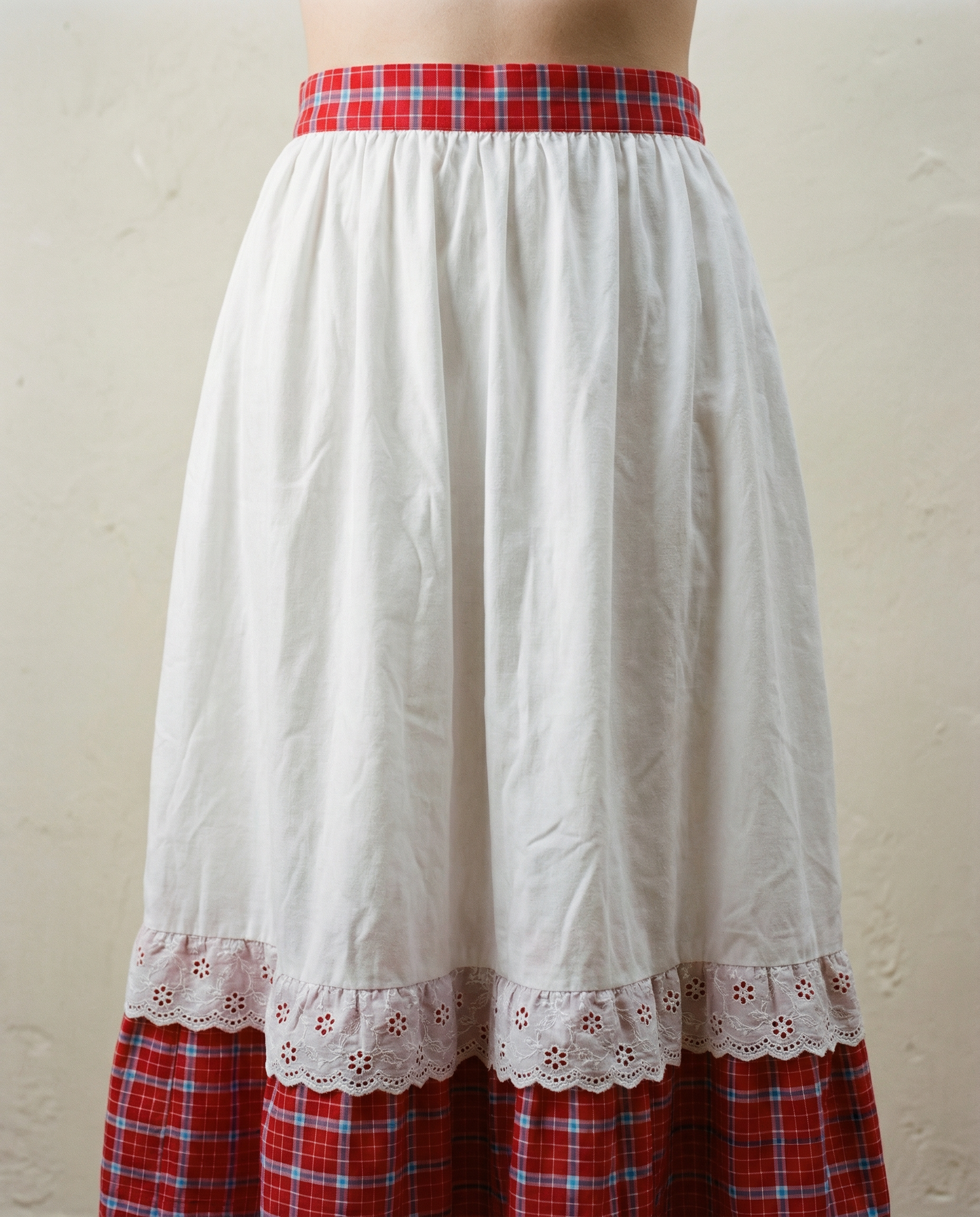 Red Plaid & Lace Prairie Midi Skirt – Small/Medium