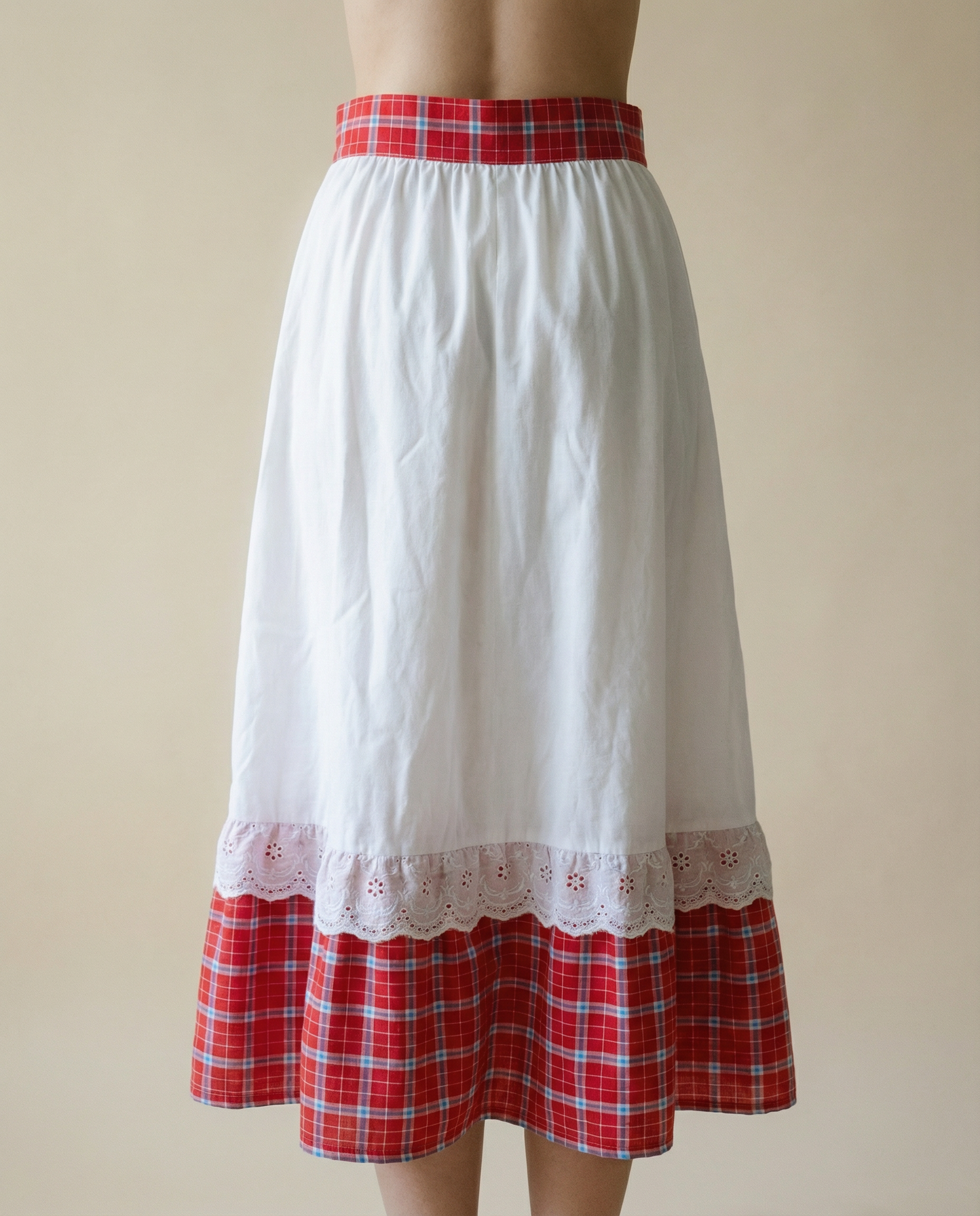 Red Plaid & Lace Prairie Midi Skirt – Small/Medium