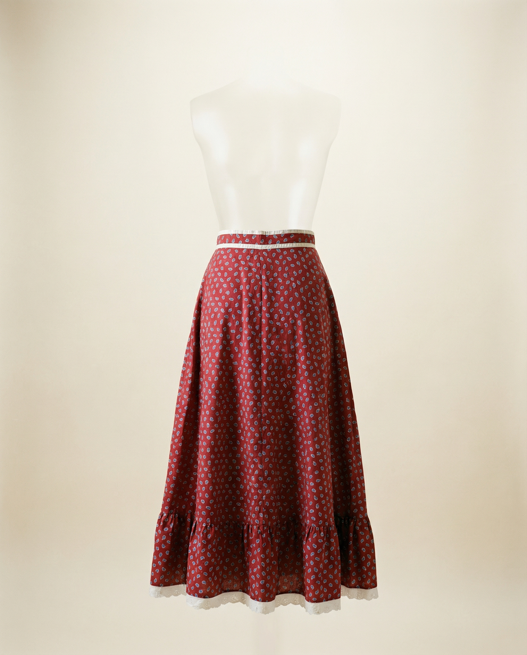 Red Paisley Prairie Skirt with Lace Hem – XS