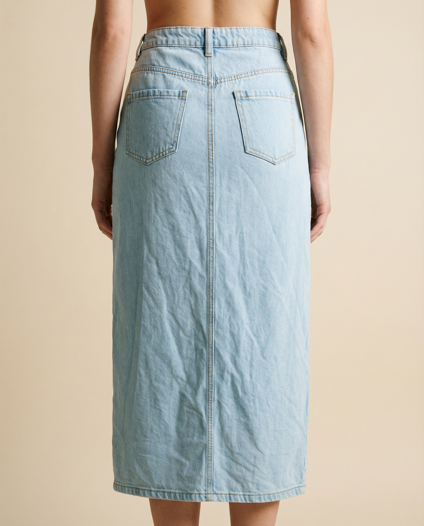 Light Wash Denim Midi Skirt