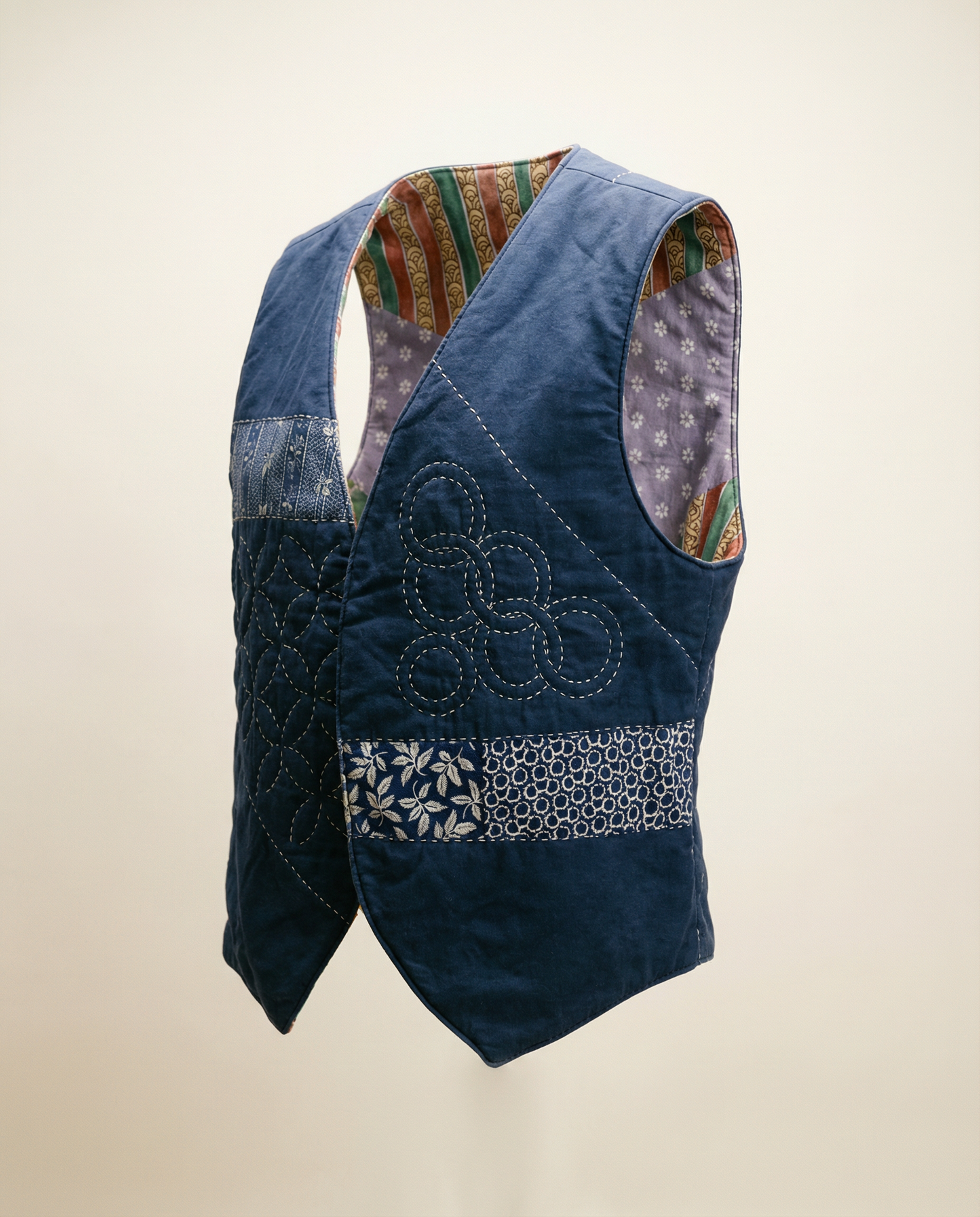 Indigo Patchwork Quilted Vest – Reversible Style