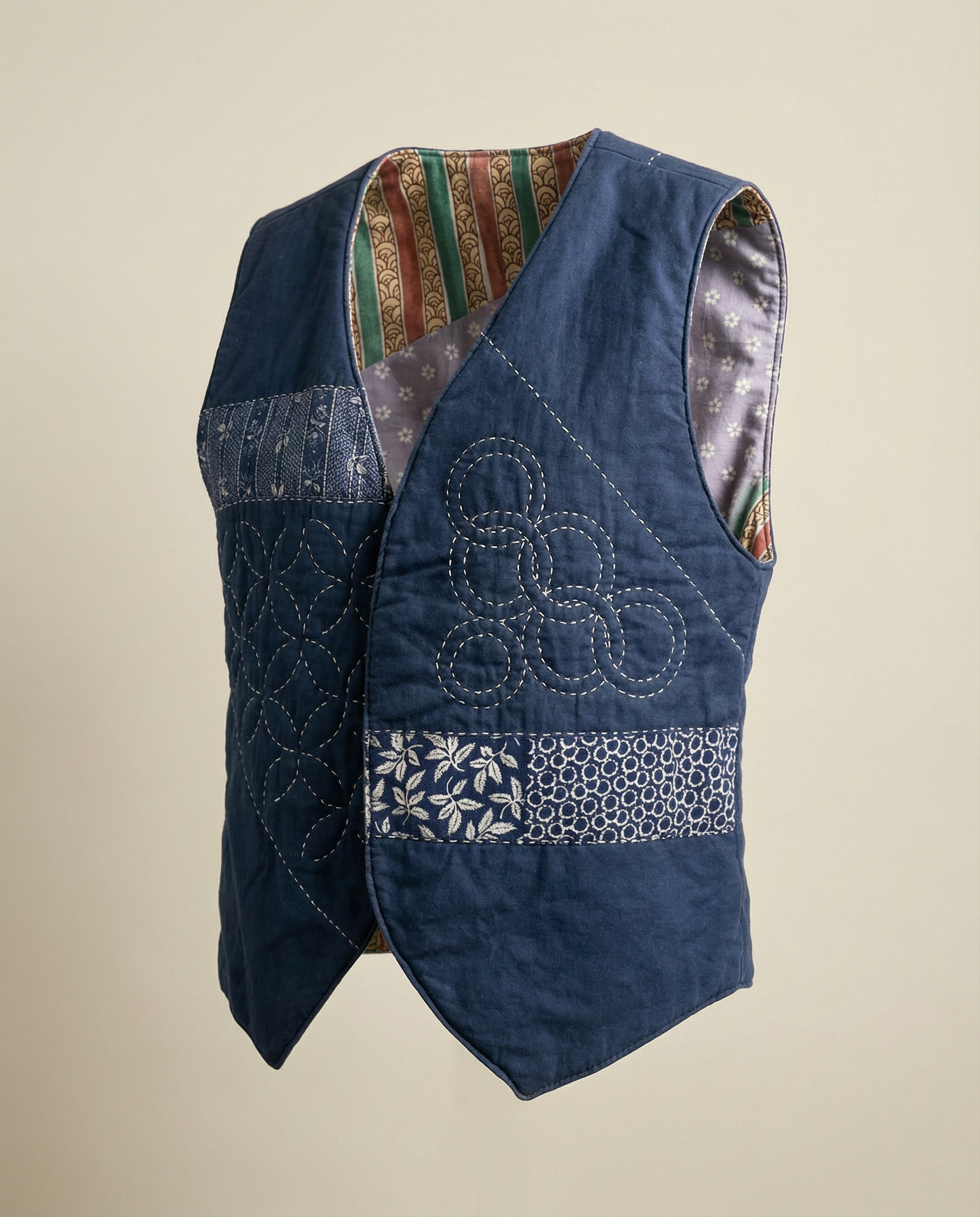 Indigo Patchwork Quilted Vest – Reversible Style