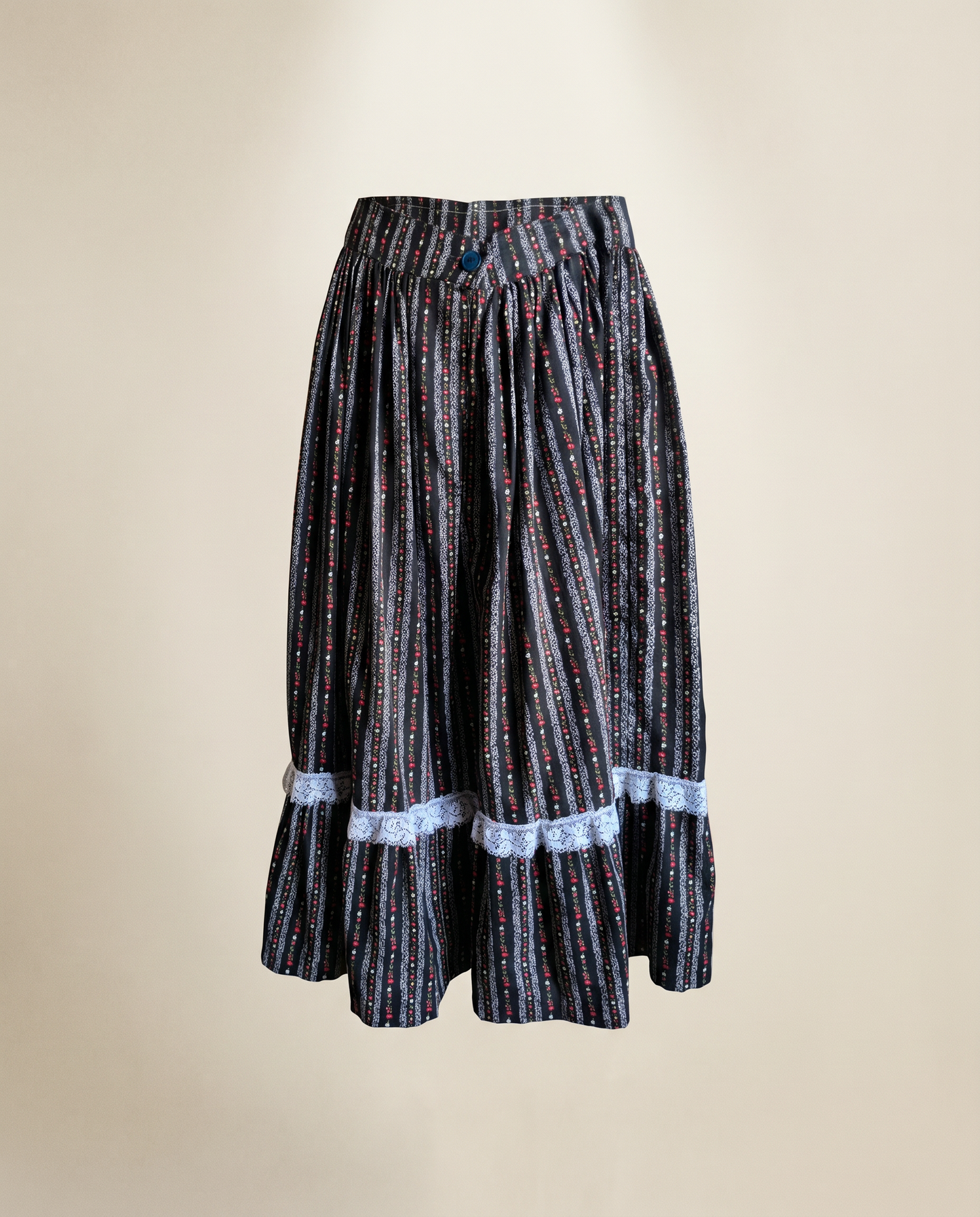 Handmade Black Floral Prairie Skirt with Lace Trim - Small