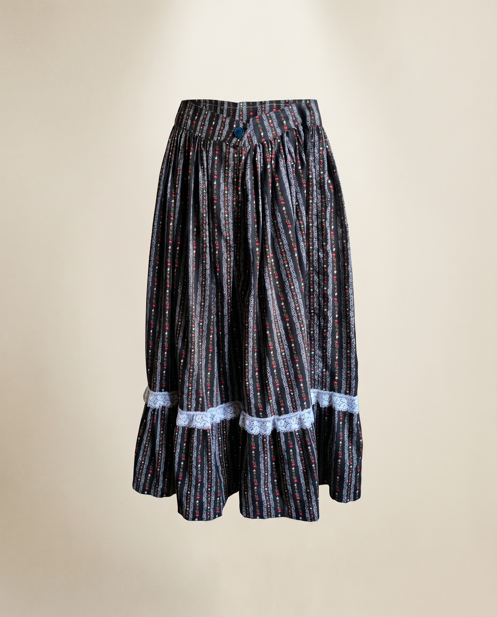 Handmade Black Floral Prairie Skirt with Lace Trim - Small