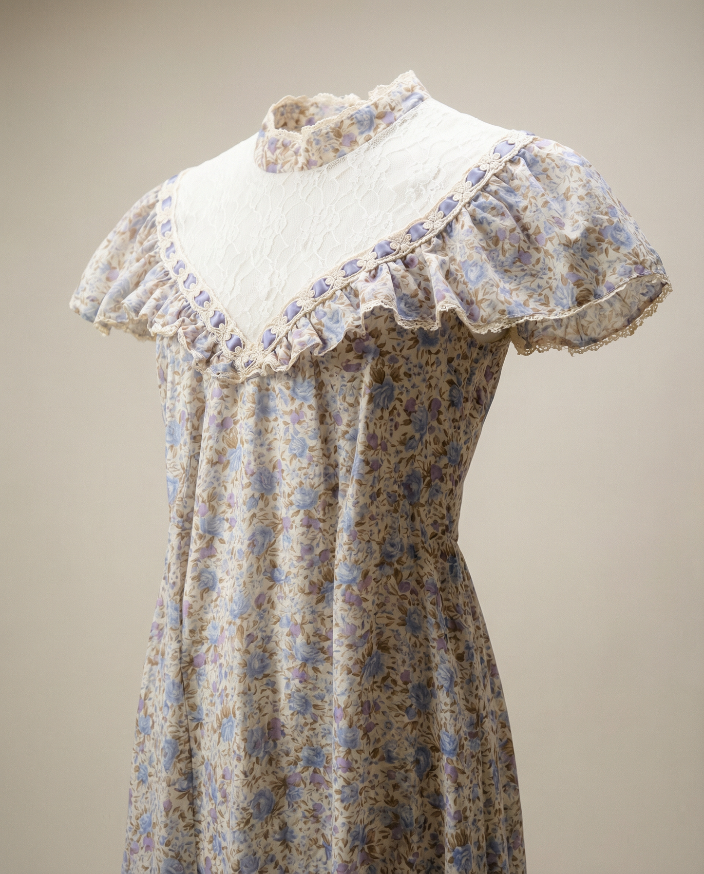 Vintage Blue Floral Maxi Dress with Lace Yoke & Ruffle Trim