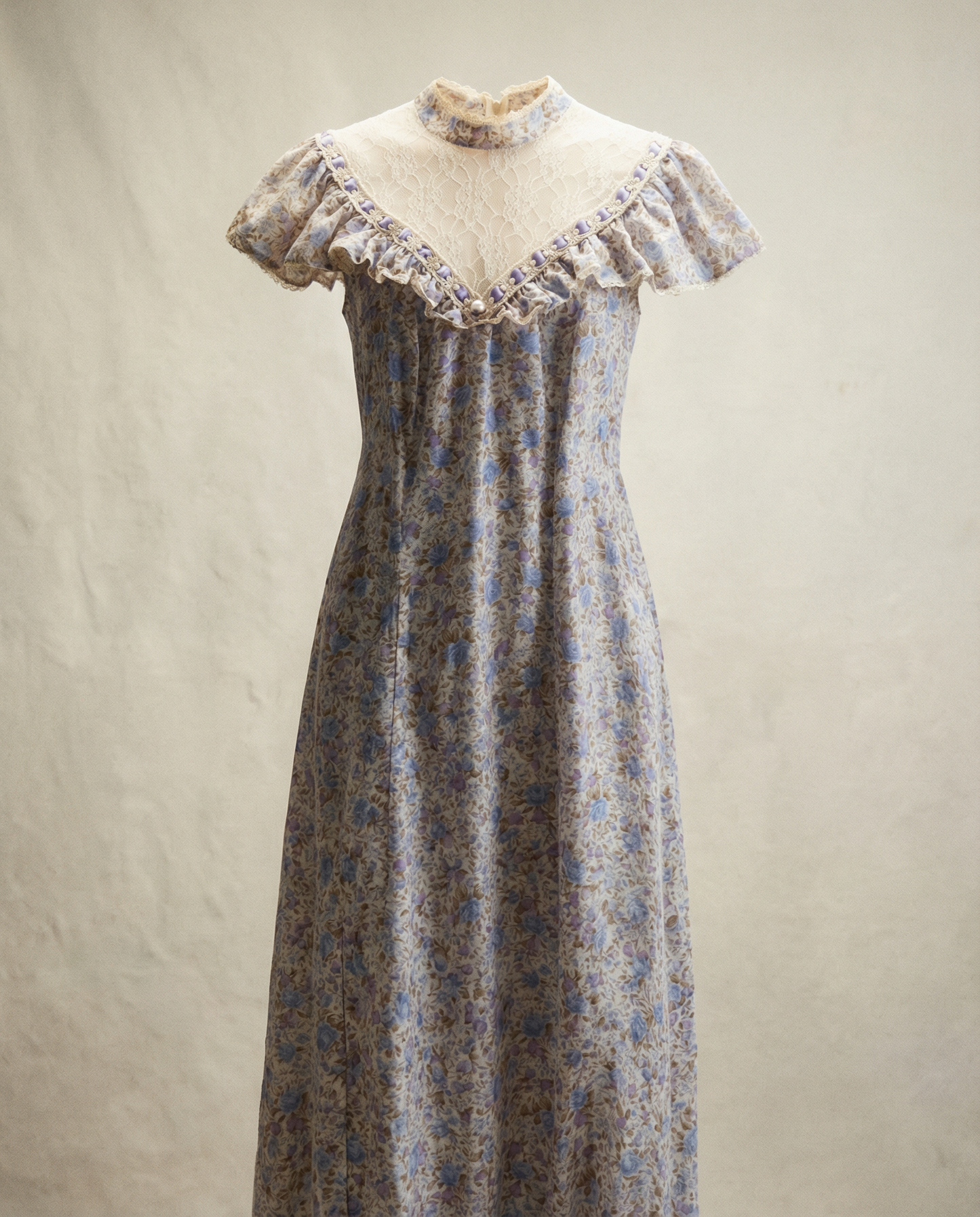 Vintage Blue Floral Maxi Dress with Lace Yoke & Ruffle Trim