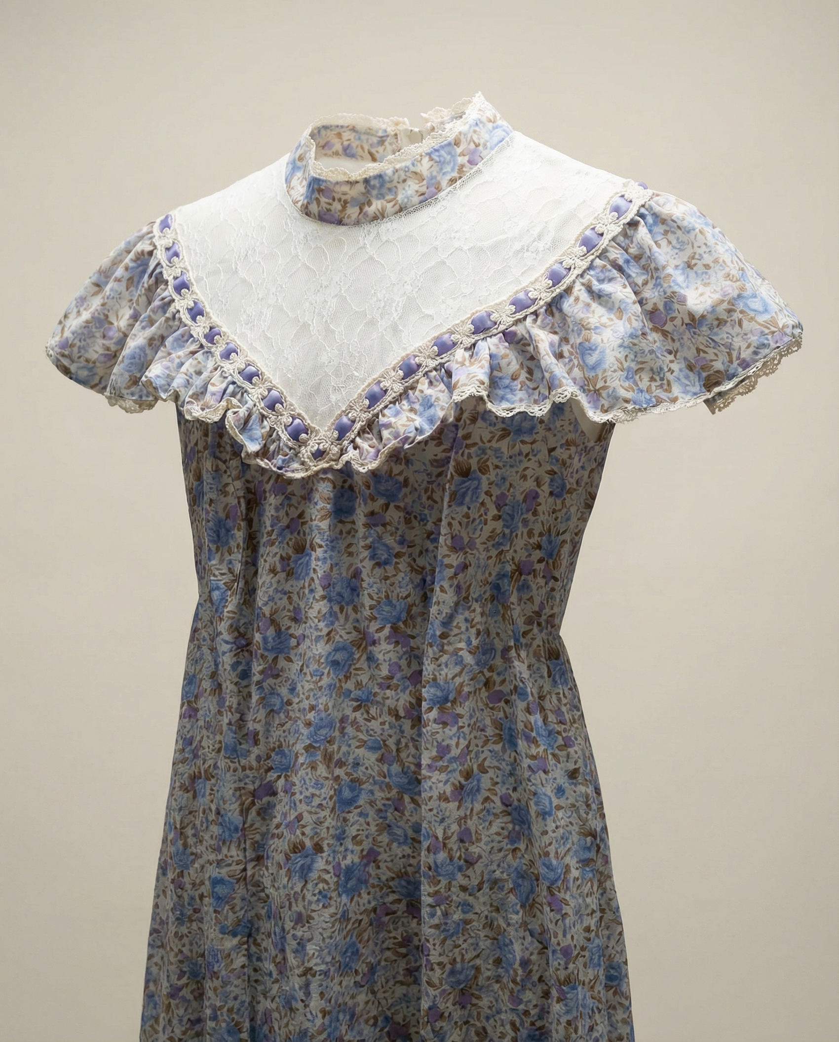 Vintage Blue Floral Maxi Dress with Lace Yoke & Ruffle Trim