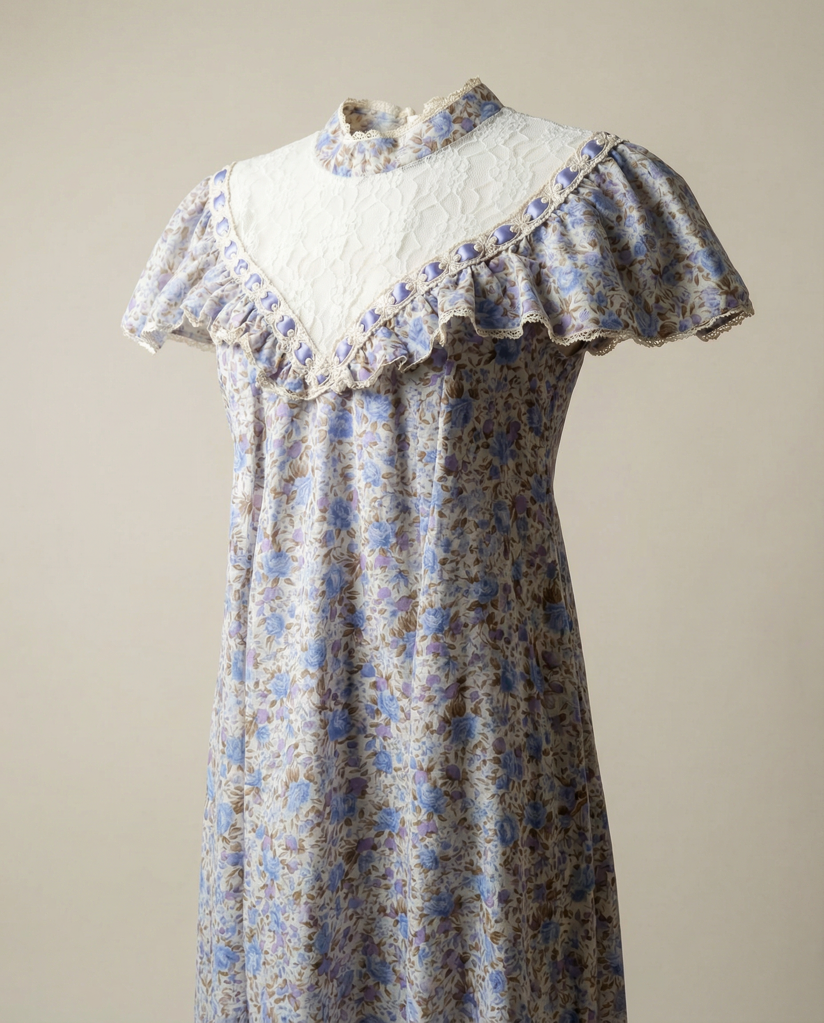 Vintage Blue Floral Maxi Dress with Lace Yoke & Ruffle Trim