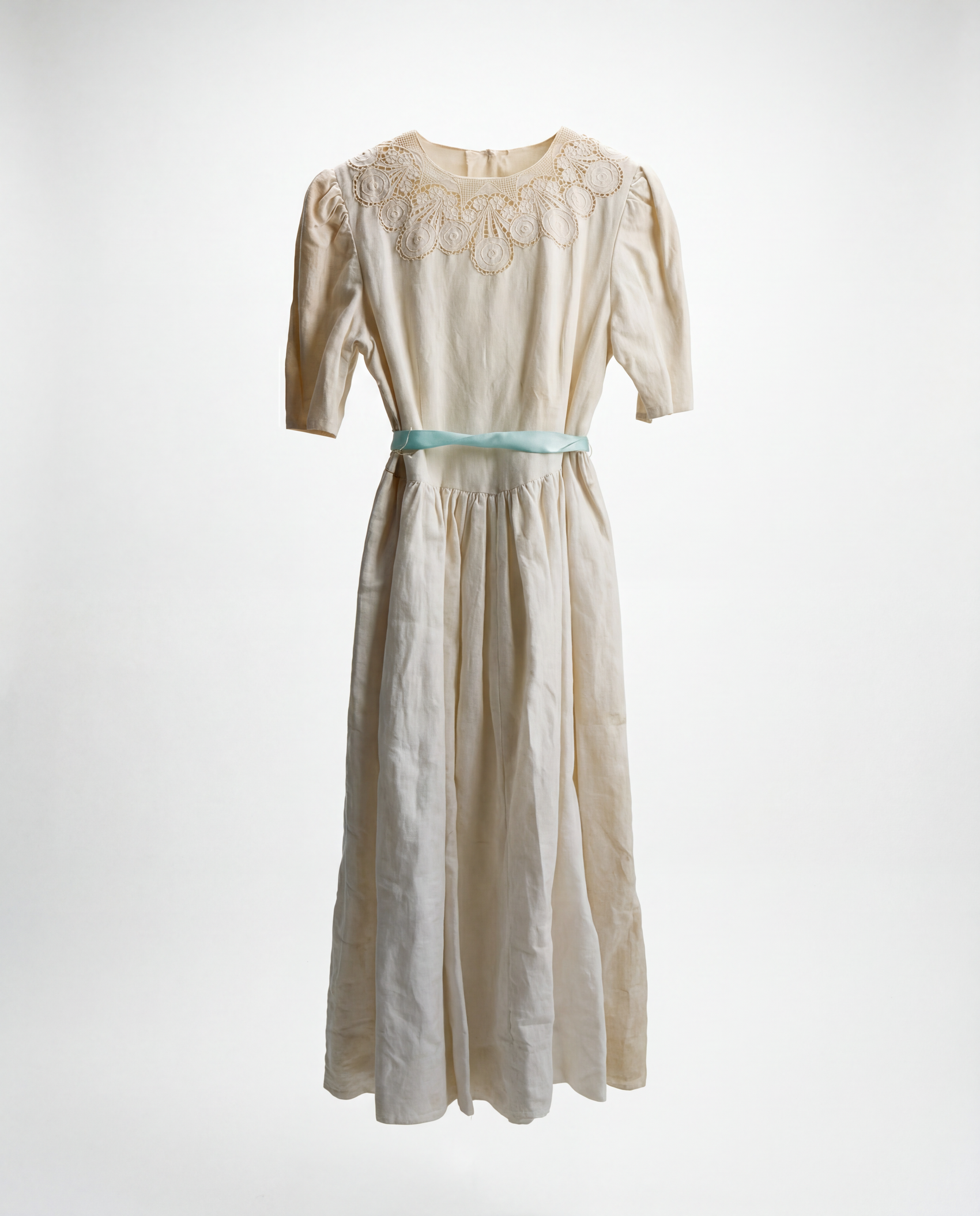 Vintage Cream Cotton Prairie Dress with Lace Yoke & Blue Ribbon Tie