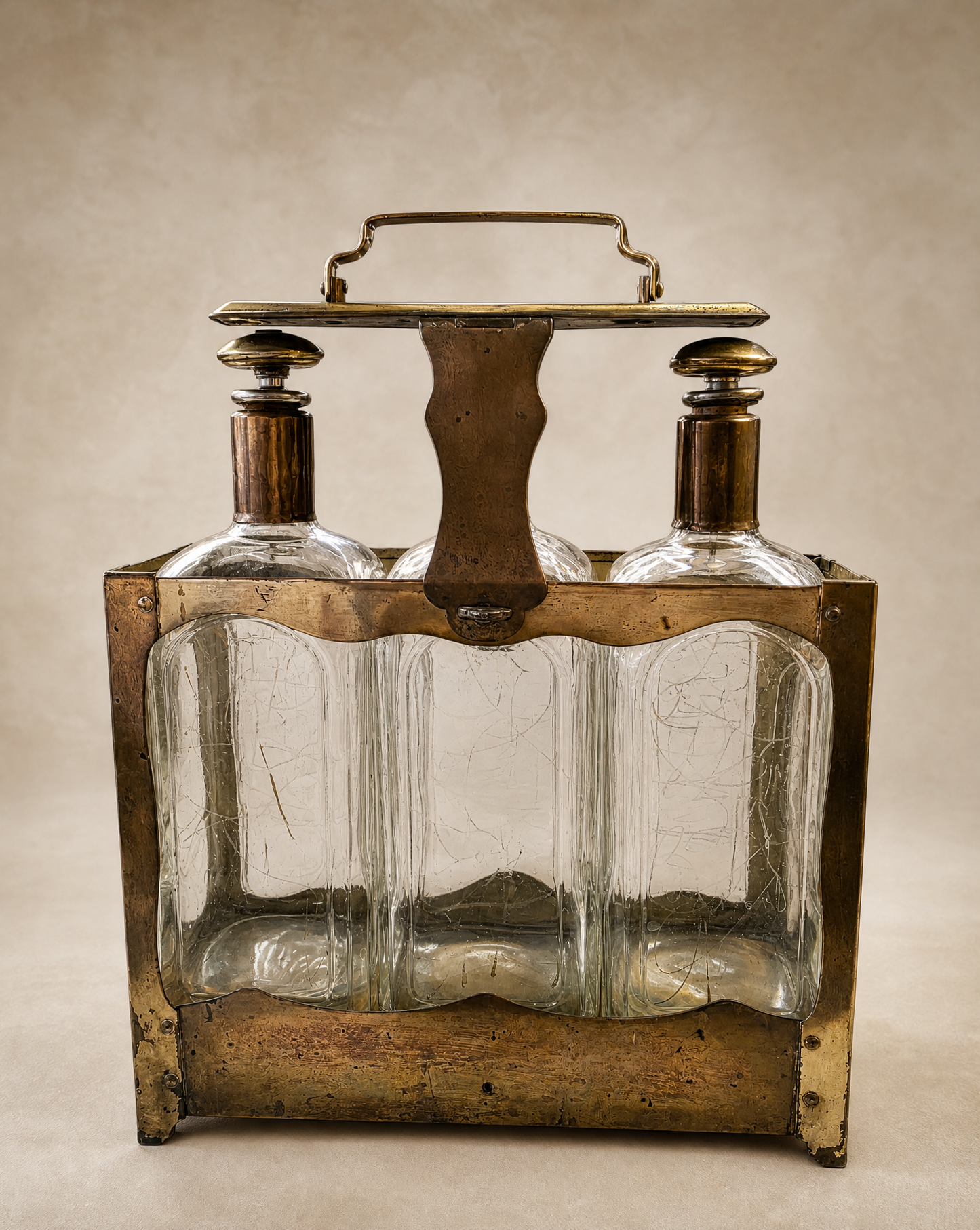 Antique Three Bottle Tantalus Liquor Set with Brass Stand