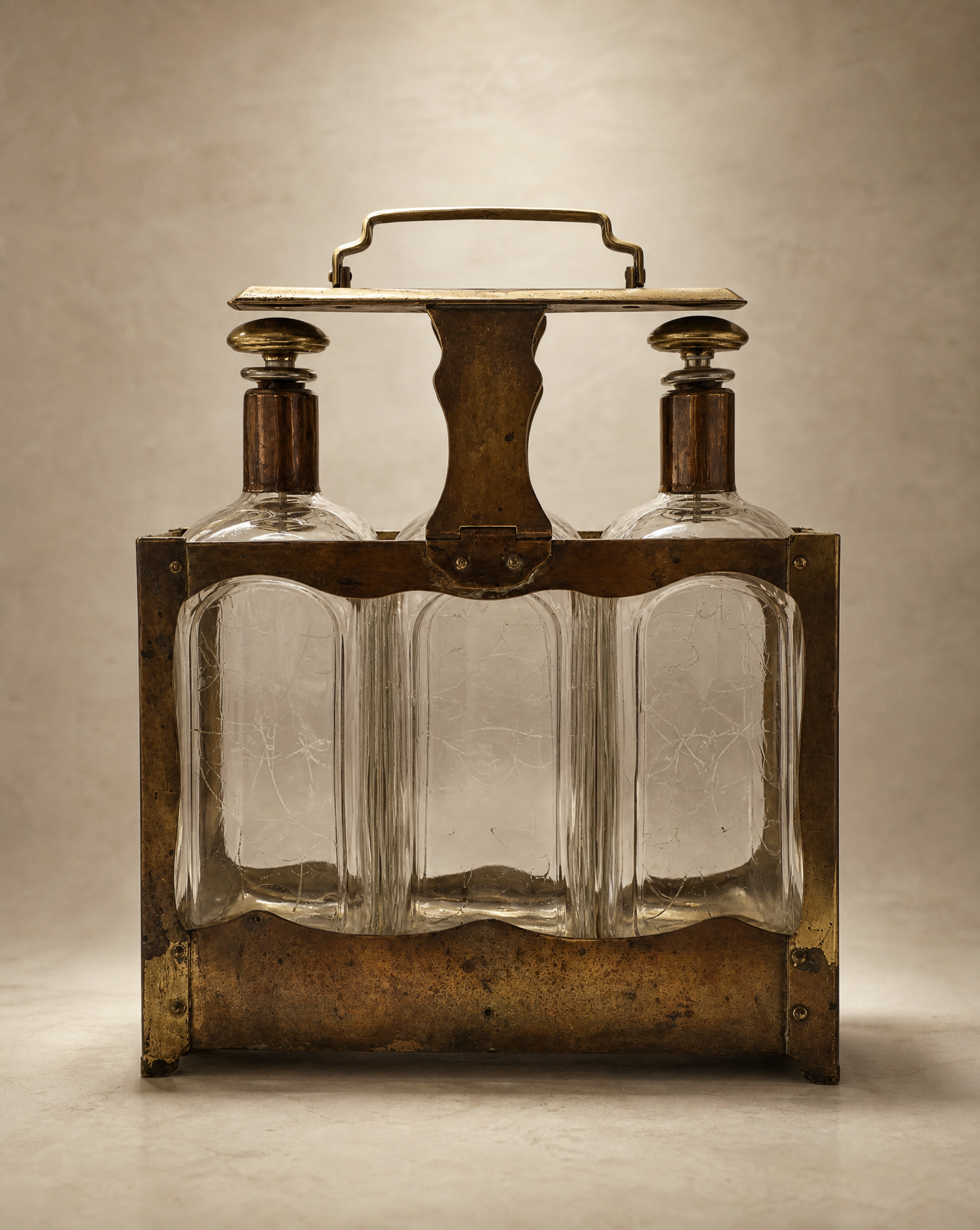 Antique Three Bottle Tantalus Liquor Set with Brass Stand