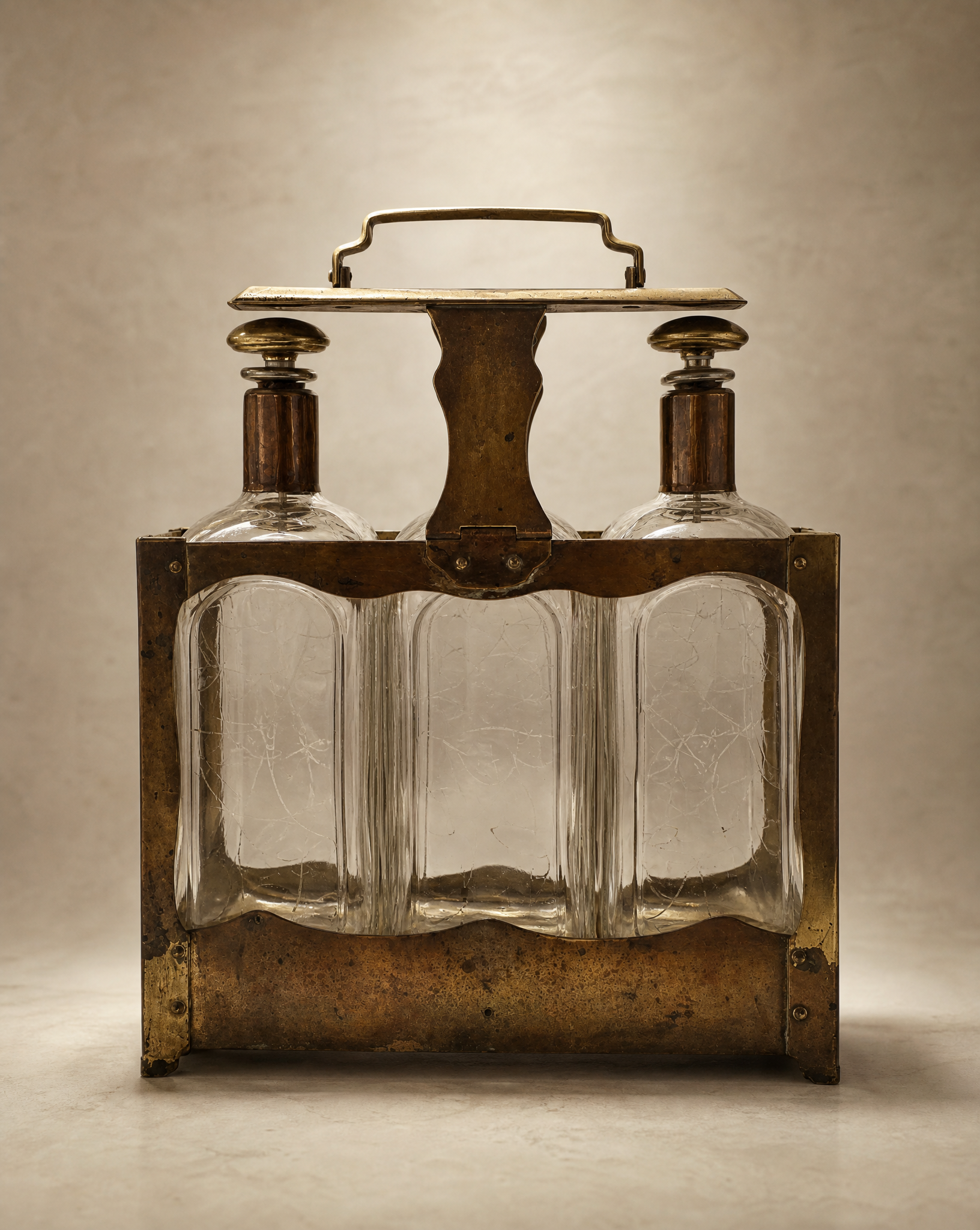 Antique Three Bottle Tantalus Liquor Set with Brass Stand