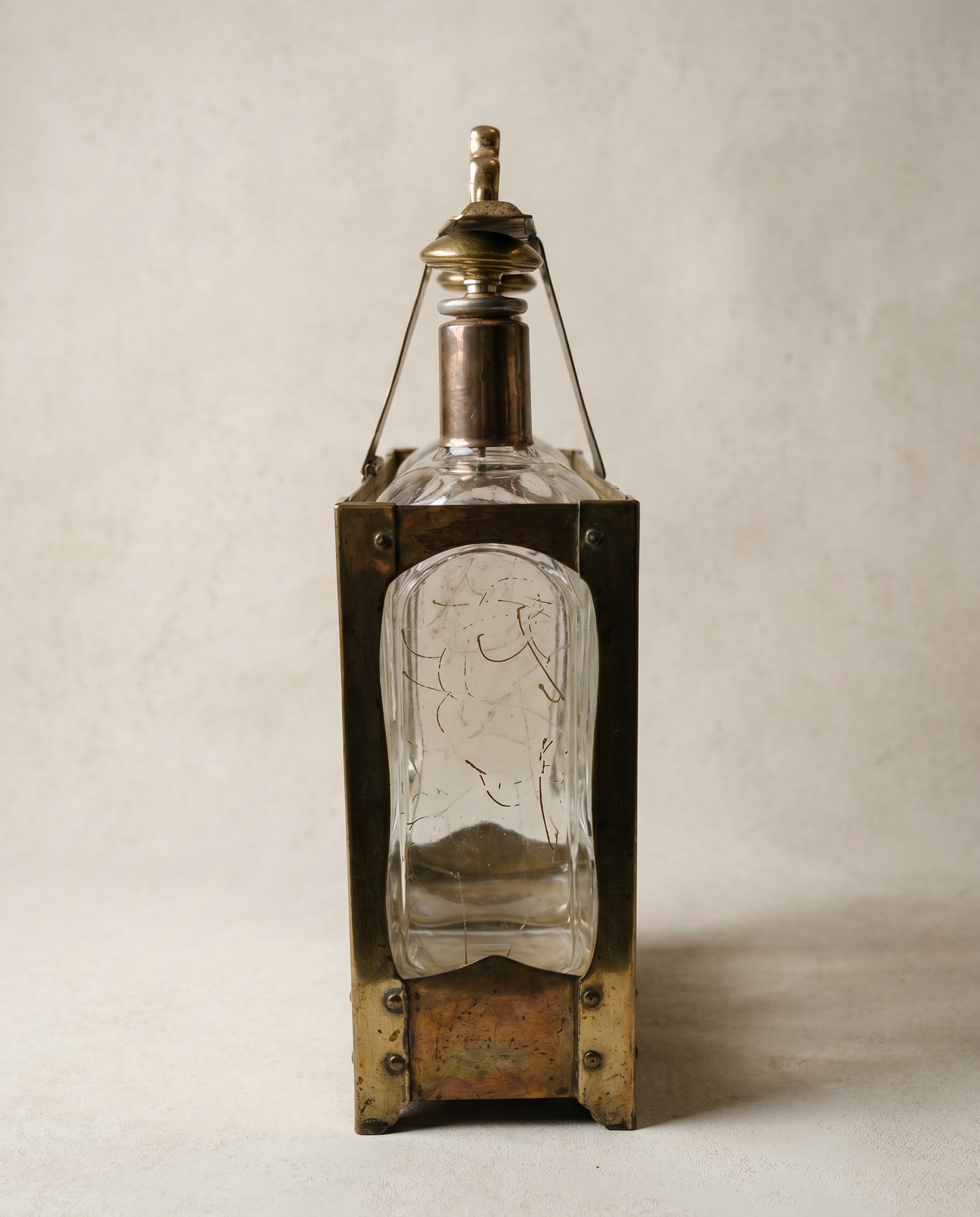 Antique Three Bottle Tantalus Liquor Set with Brass Stand