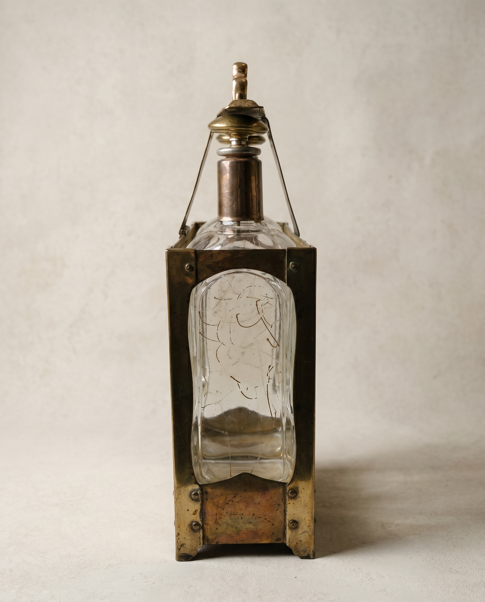Antique Three Bottle Tantalus Liquor Set with Brass Stand