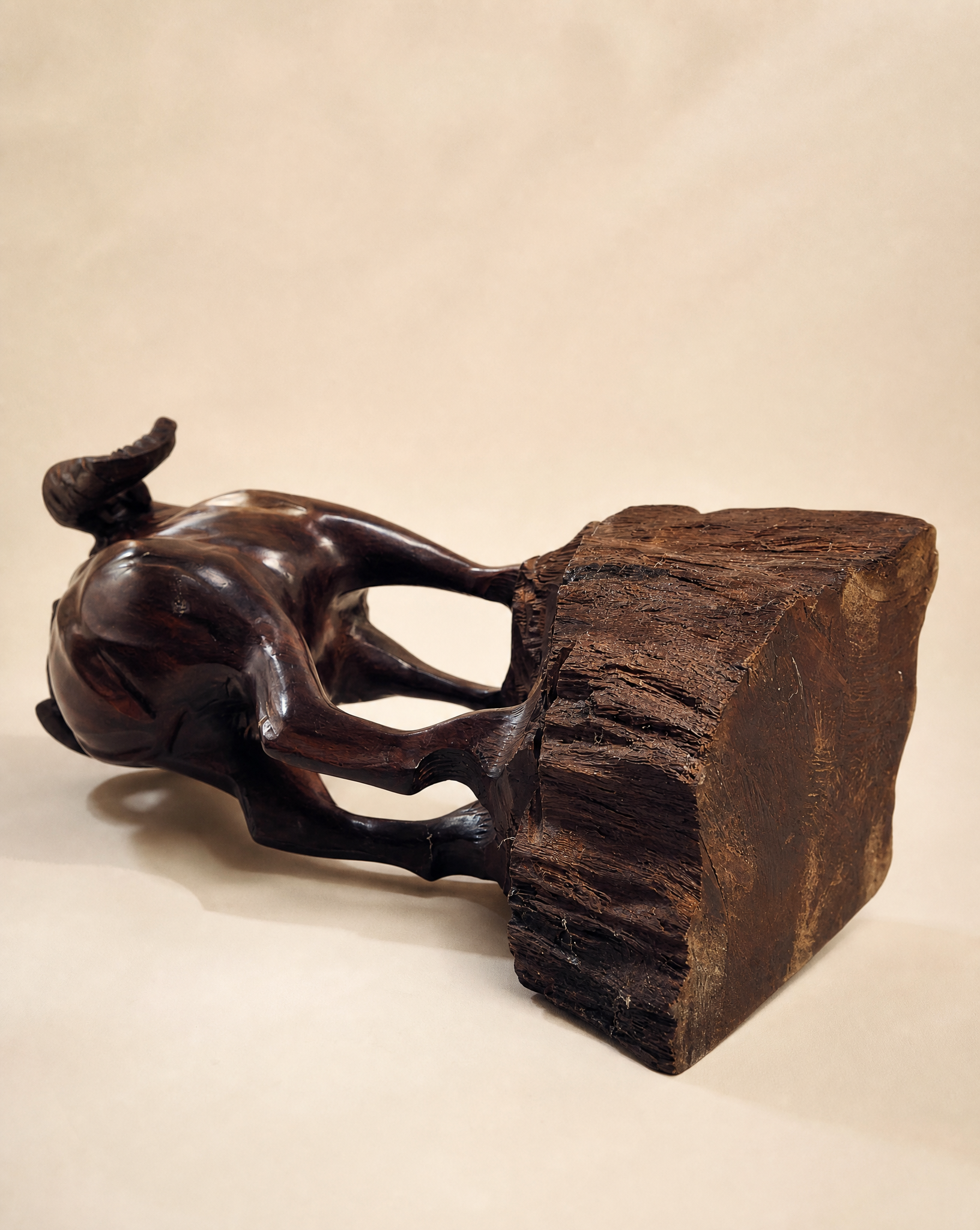 Hand-Carved Ram Sculpture on Natural Wood Base
