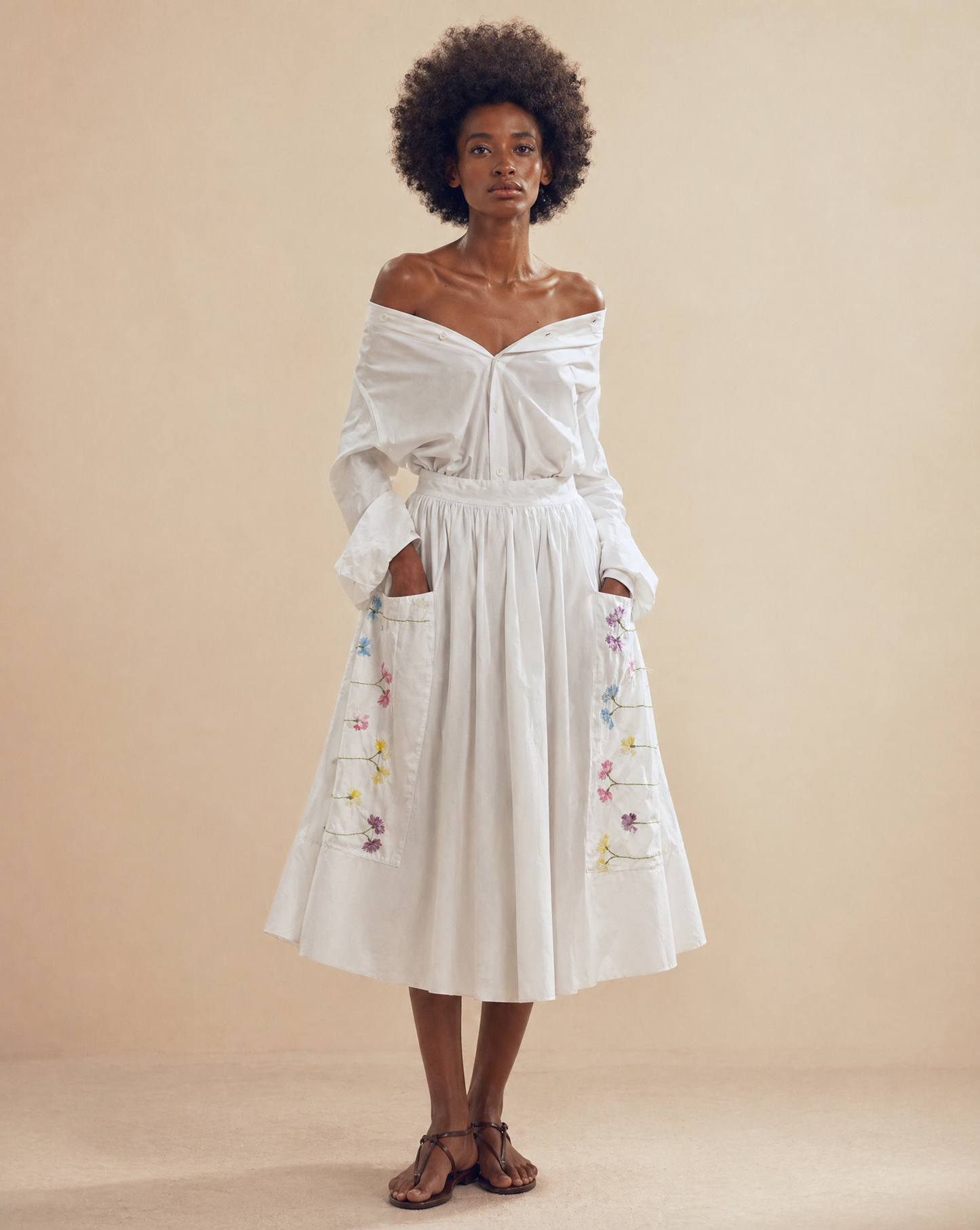 White Embroidered Pocket Midi Skirt – Small