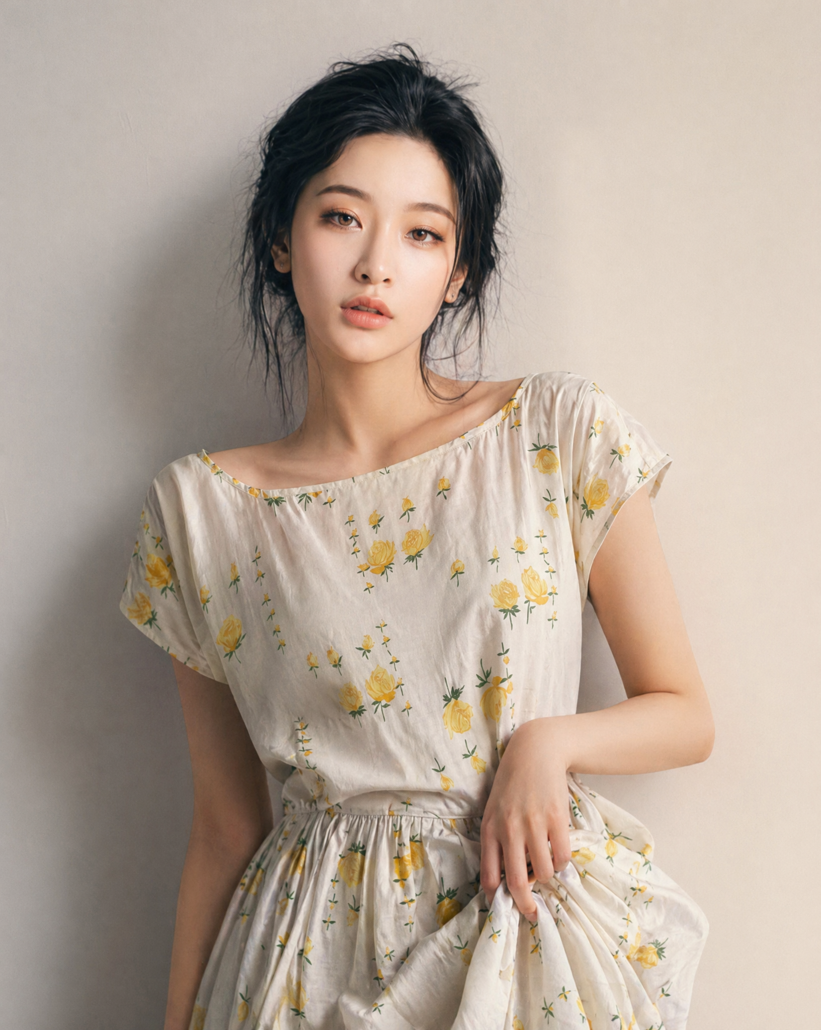 Vintage Yellow Floral Tie-Back Midi Dress
