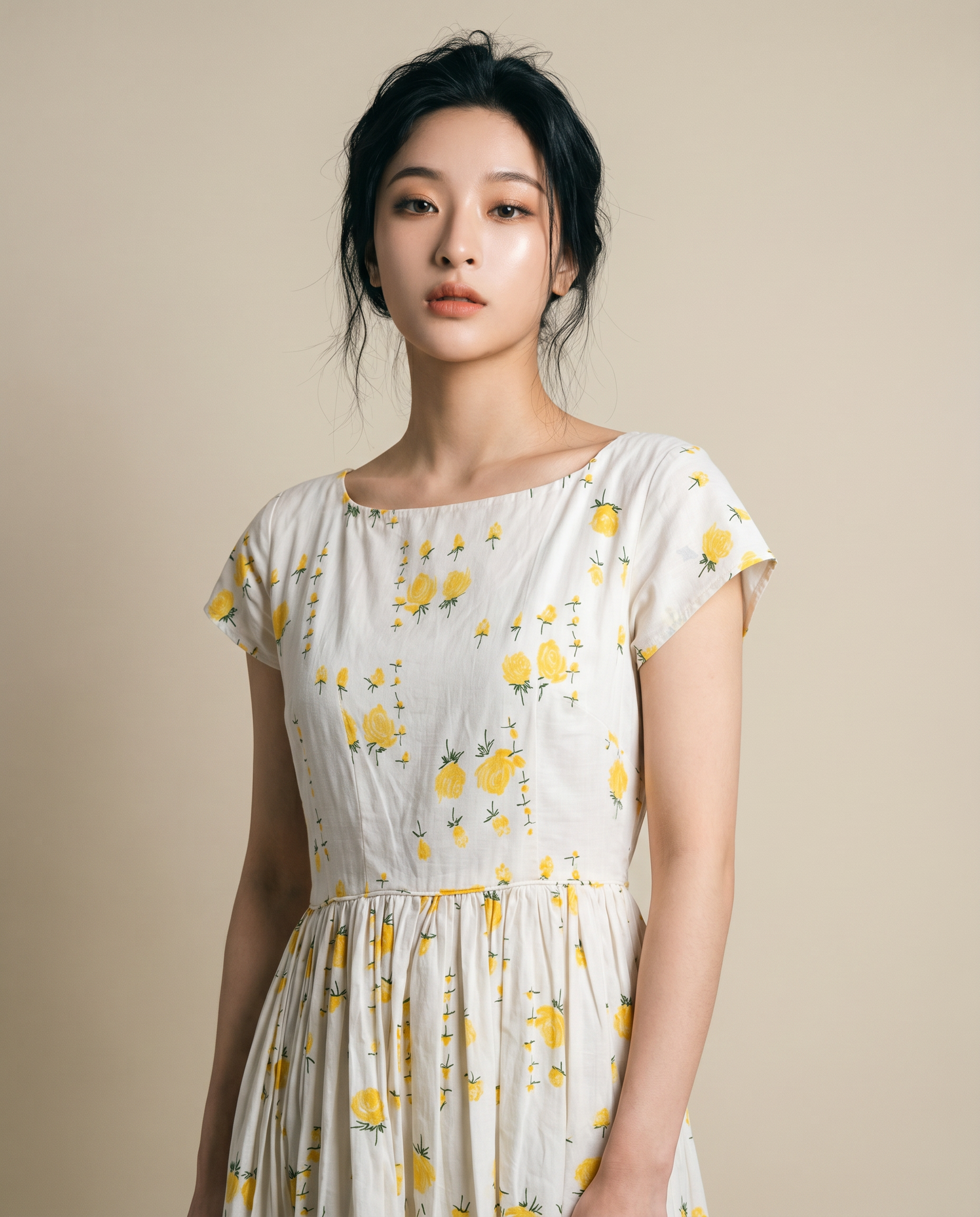 Vintage Yellow Floral Tie-Back Midi Dress