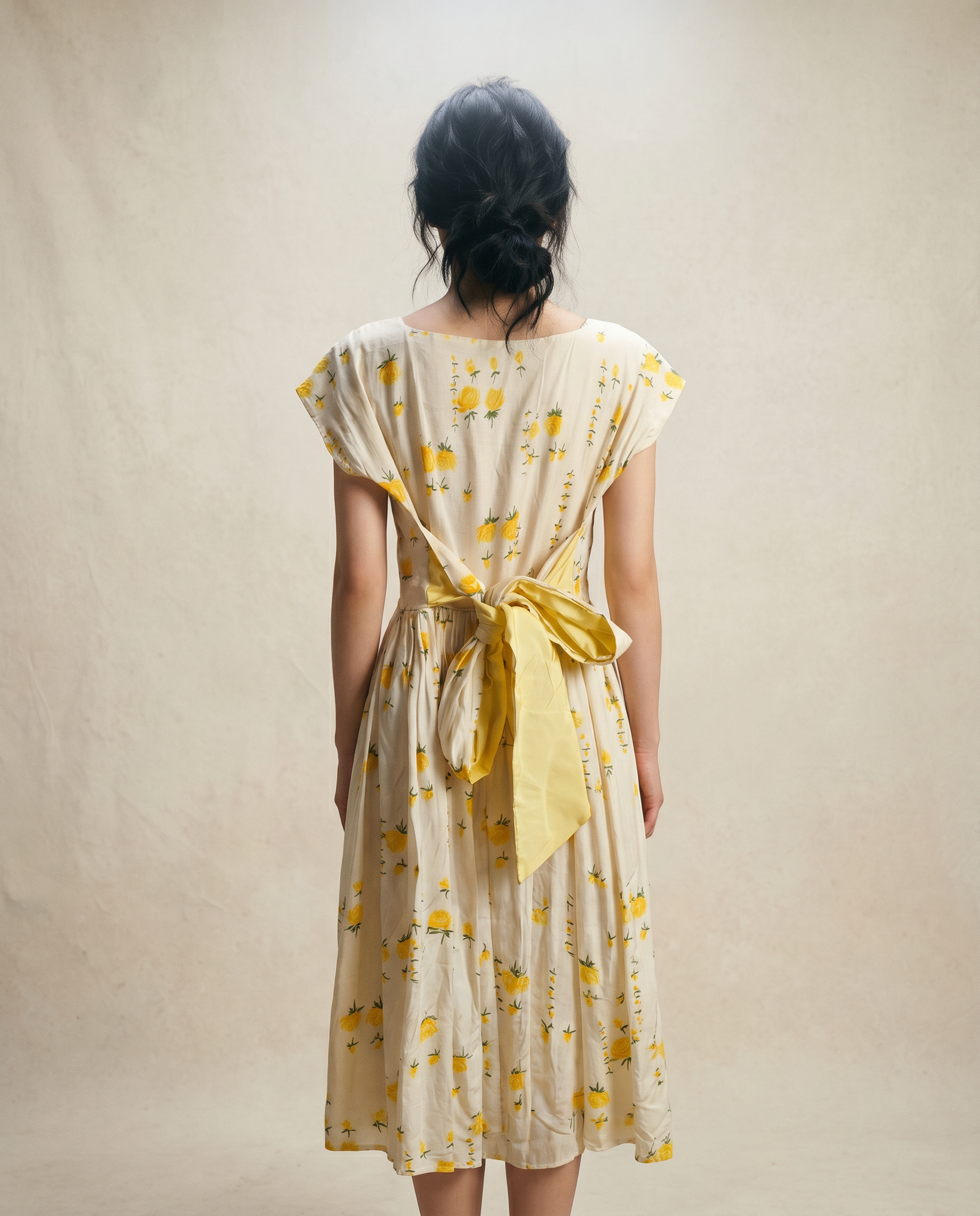 Vintage Yellow Floral Tie-Back Midi Dress