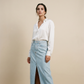 Light Wash Denim Midi Skirt with Front Slit