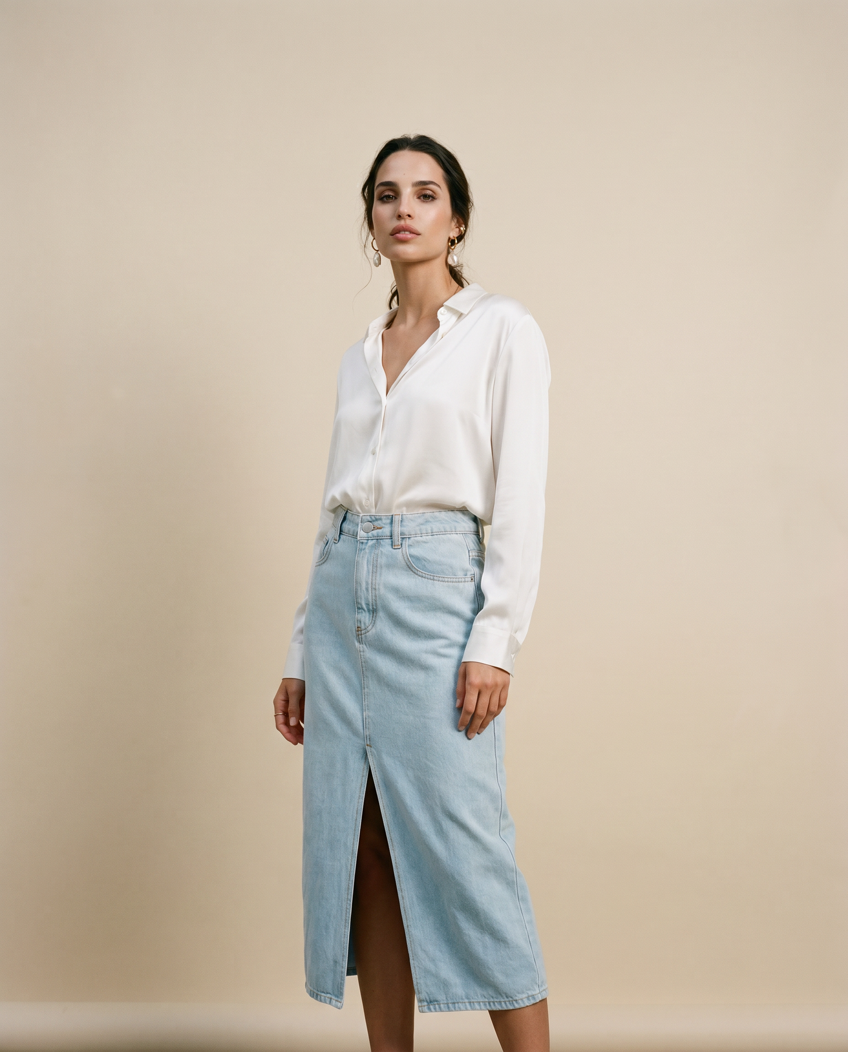 Light Wash Denim Midi Skirt with Front Slit