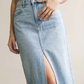 Light Wash Denim Midi Skirt with Front Slit