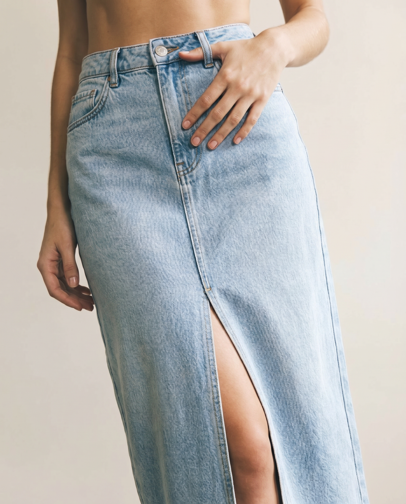 Light Wash Denim Midi Skirt with Front Slit