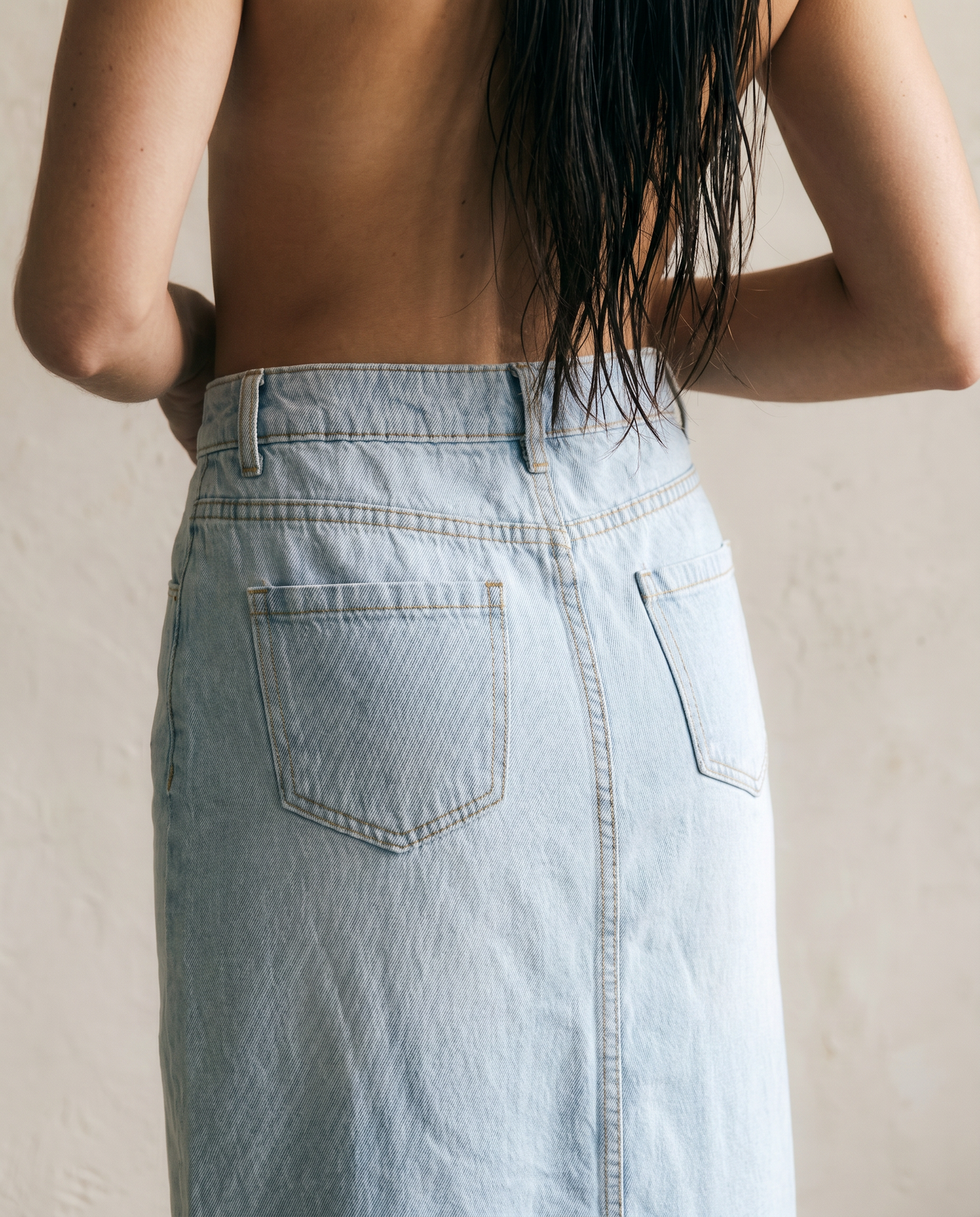Light Wash Denim Midi Skirt with Front Slit