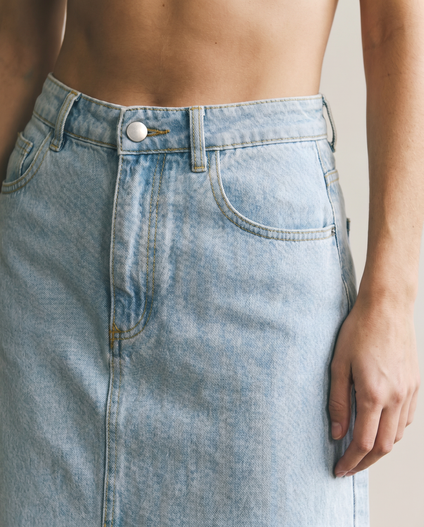 Light Wash Denim Midi Skirt with Front Slit