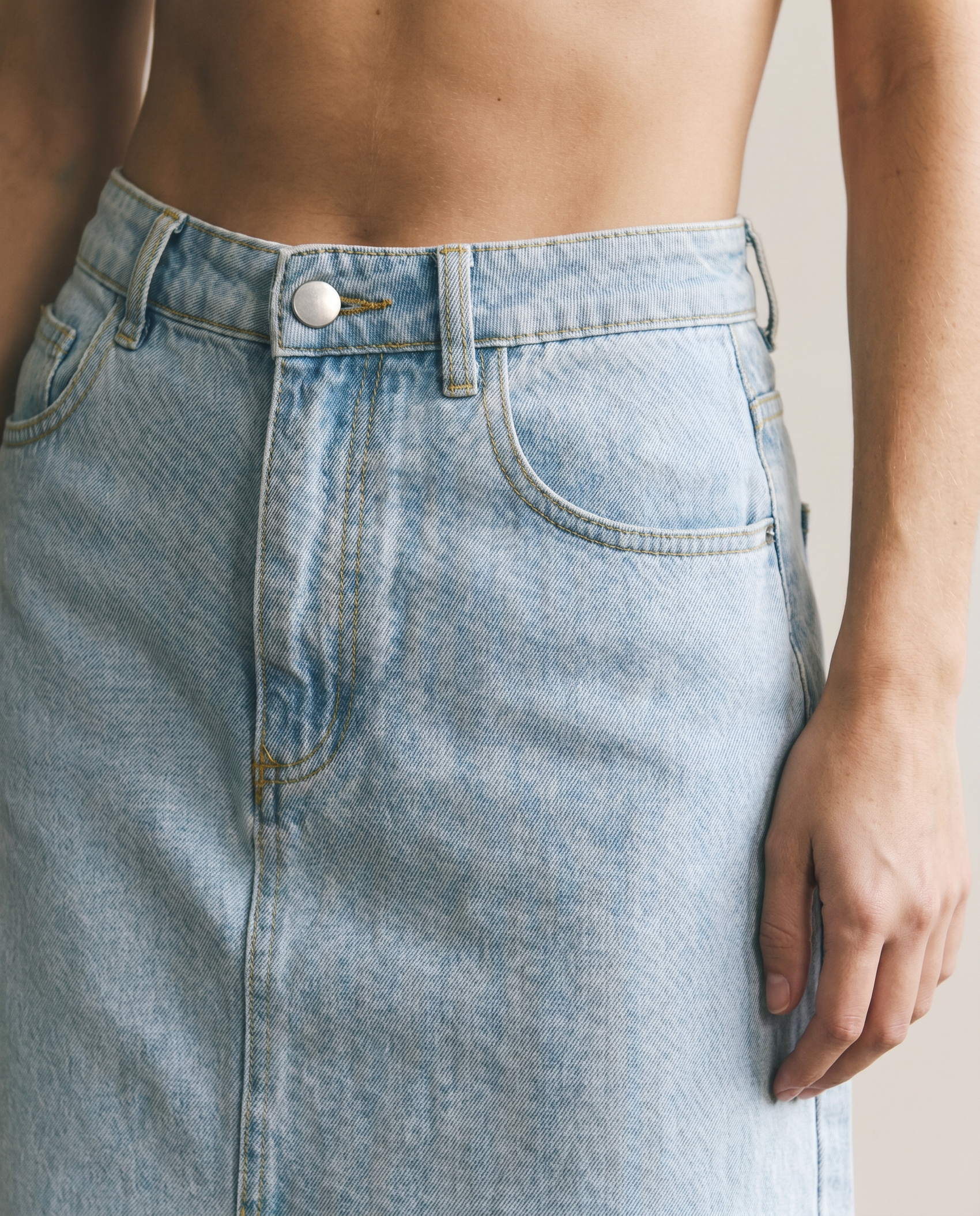 Light Wash Denim Midi Skirt with Front Slit