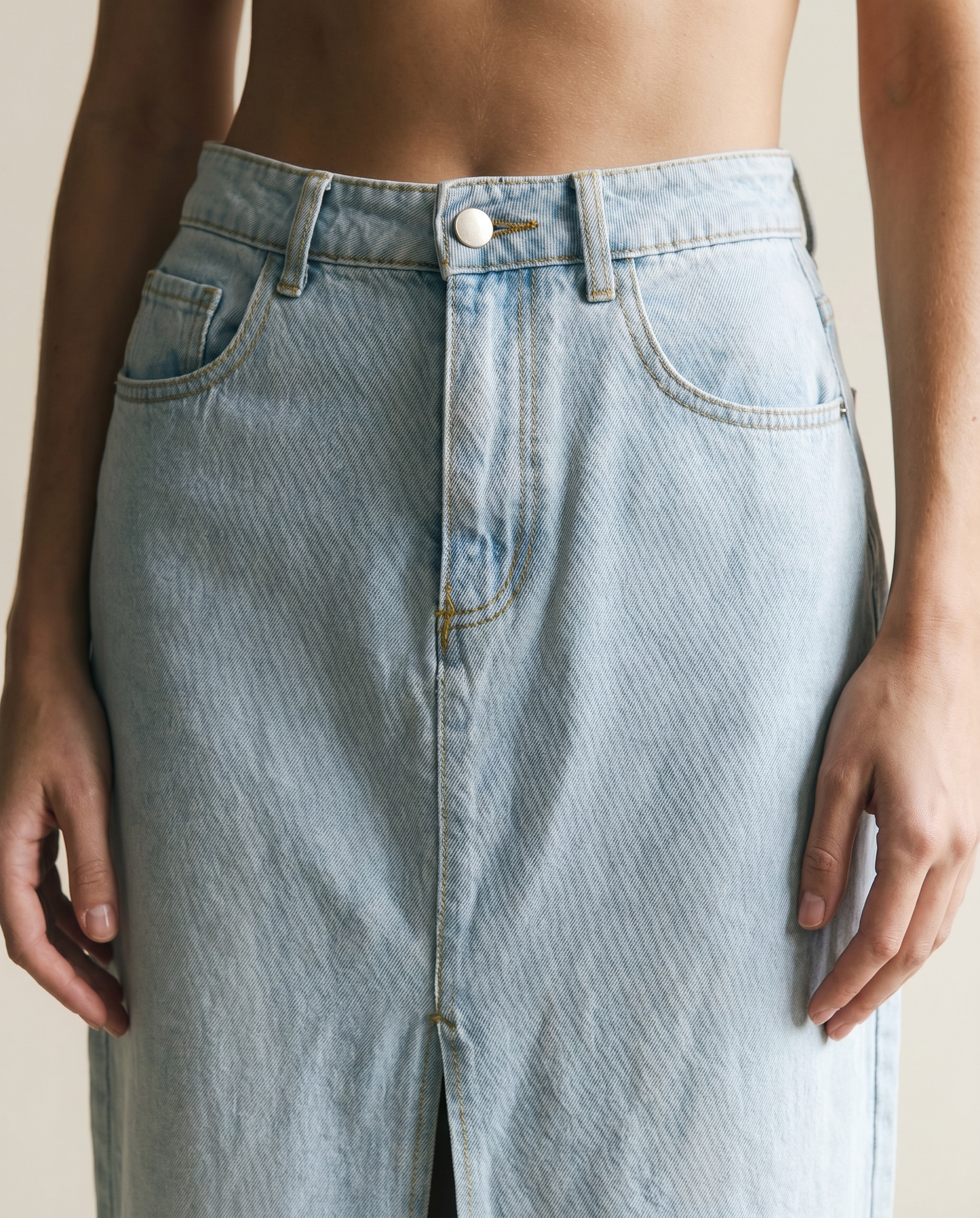 Light Wash Denim Midi Skirt with Front Slit