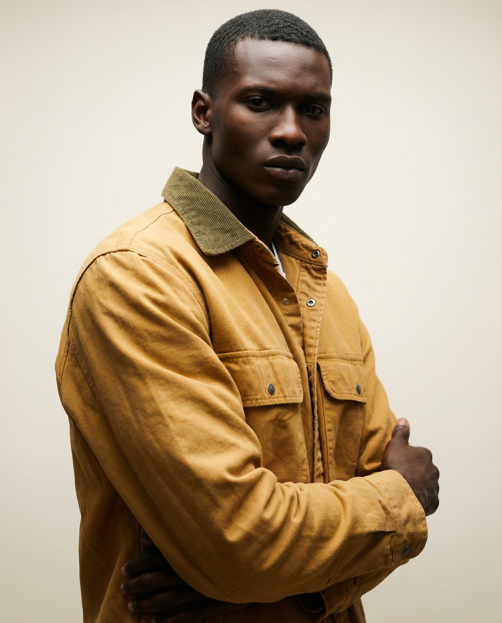 Vintage L.L. Bean Chamois Shirt – Made in USA – Tan with Forest Green Corduroy Collar