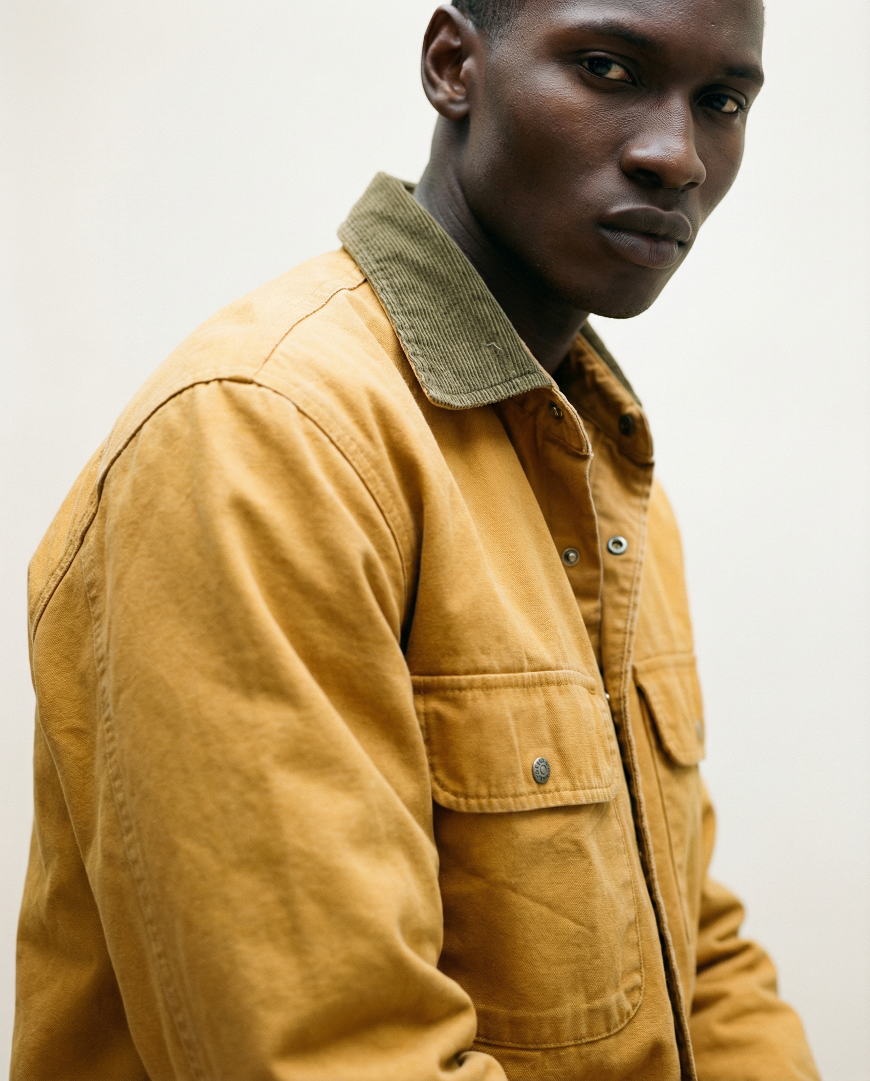 Vintage L.L. Bean Chamois Shirt – Made in USA – Tan with Forest Green Corduroy Collar