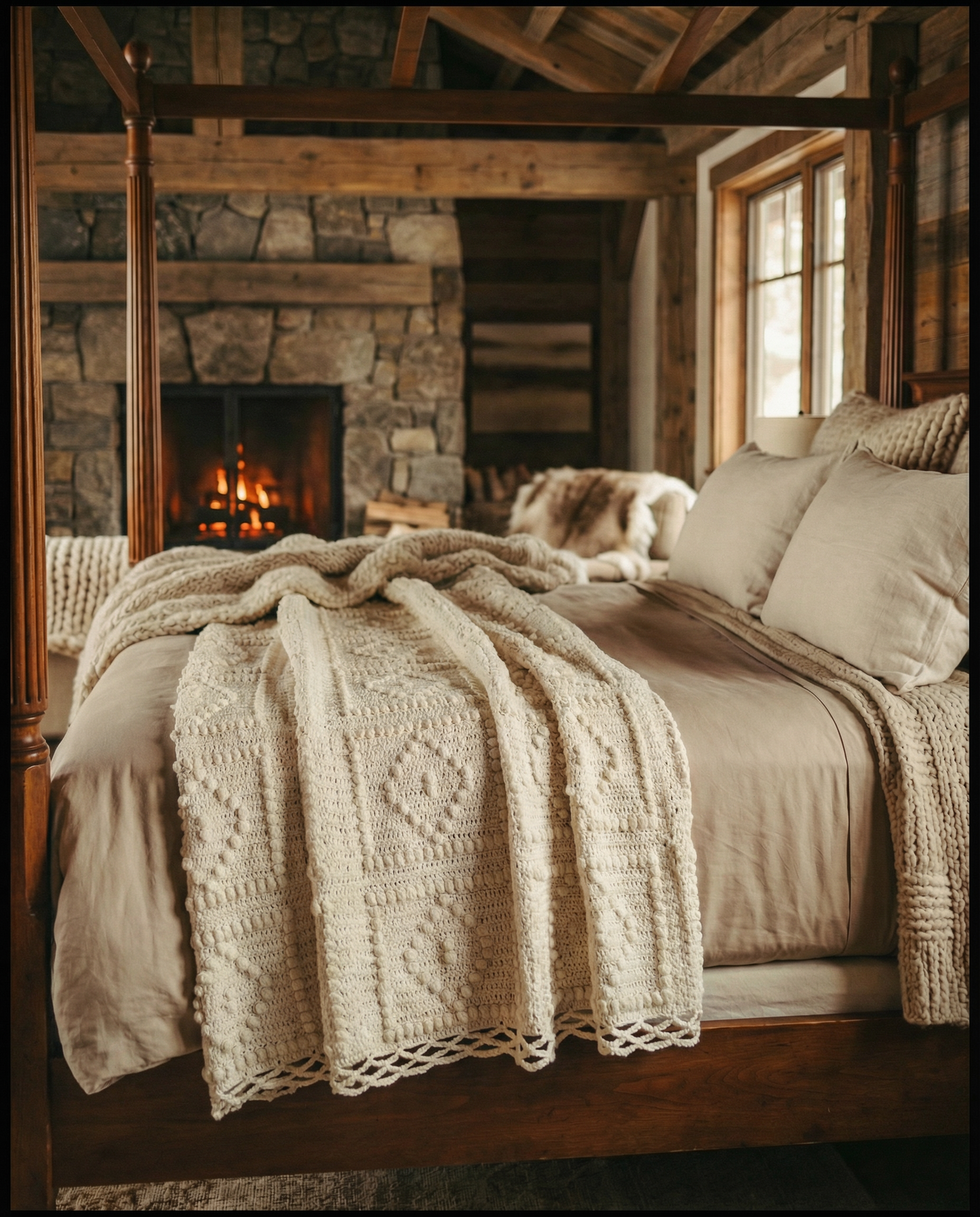 Vintage Hand-Crocheted White Afghan Blanket (54" x 85")