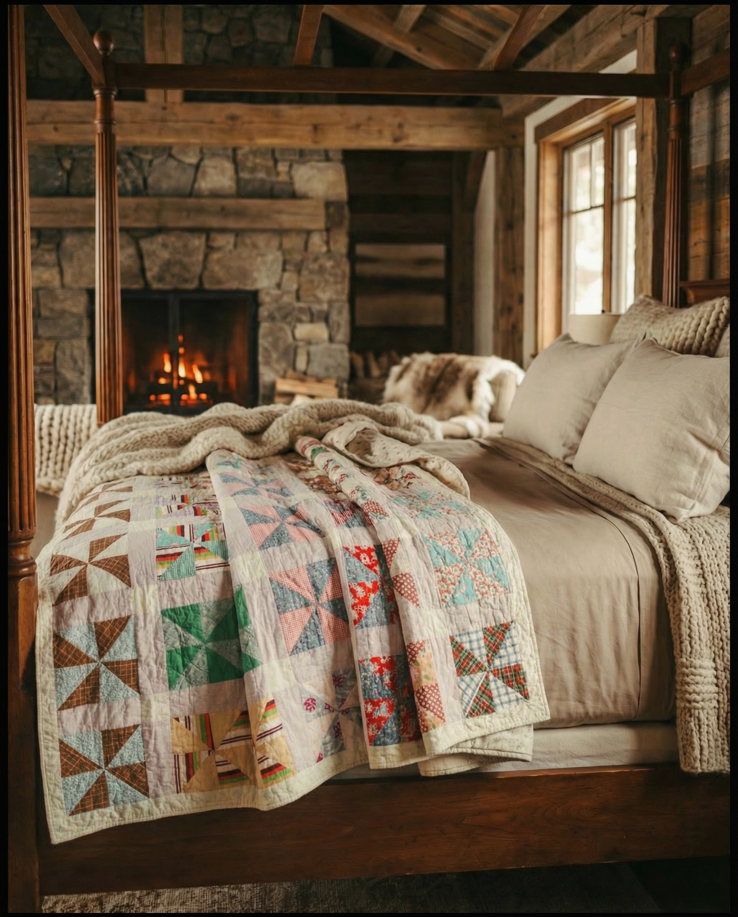 Vintage Patchwork Pinwheel Quilt – 72” x 86”